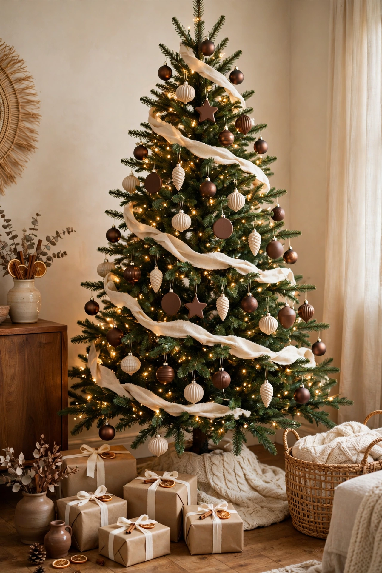 Tall Christmas tree decorated in chocolate brown, cream and bronze ornaments with cream ribbon and warm lights