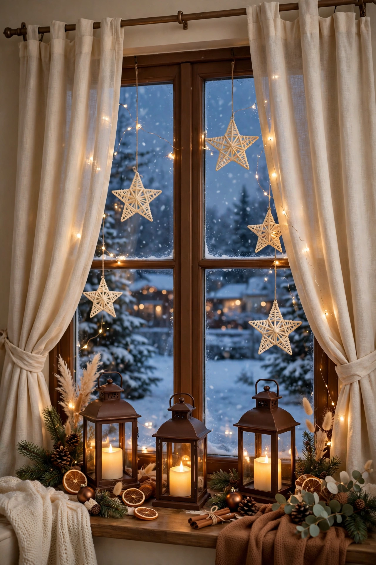 Window display at dusk with cream curtains, chocolate lanterns with warm LED candles, cream star ornaments and fairy lights, snow outside