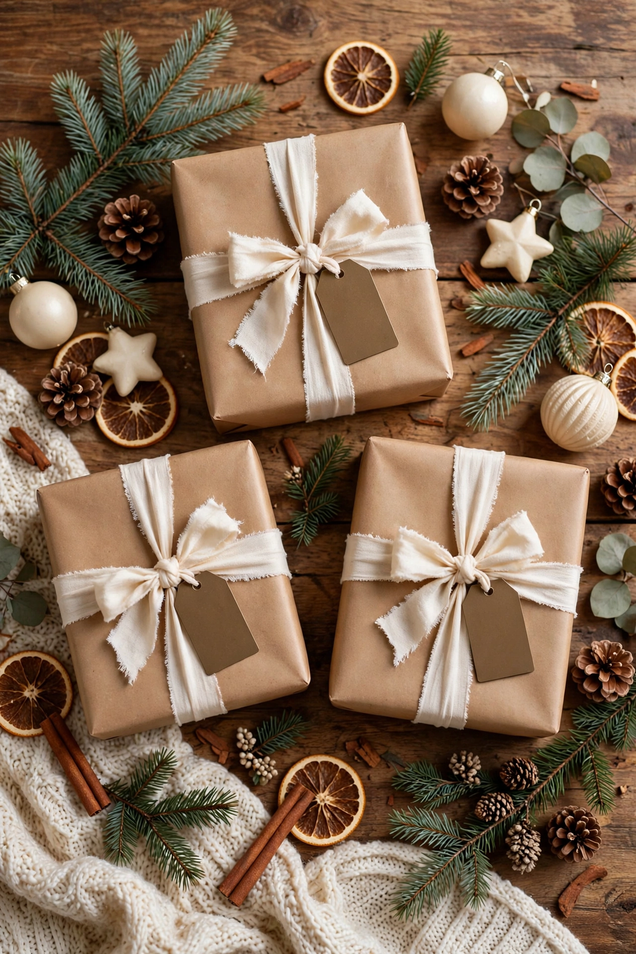 Christmas gifts wrapped in brown kraft paper with cream ribbon, bronze gift tags, pine sprigs and cream ornaments on a wooden table