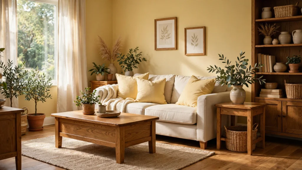 Beautiful living room with butter yellow walls, warm wood furniture, and soft natural light