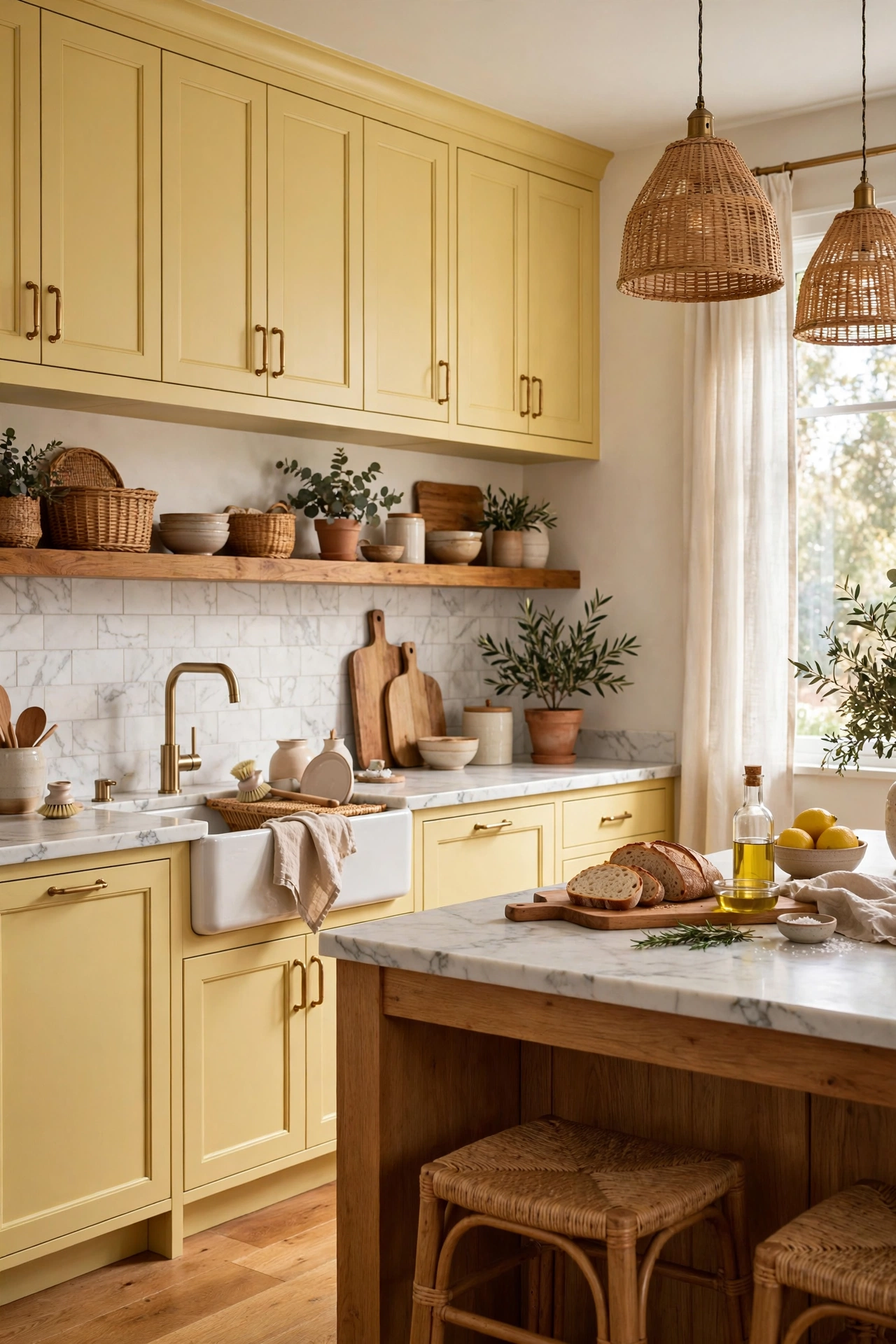 Kitchen with butter yellow painted cabinets, white marble counters, and warm wood accents