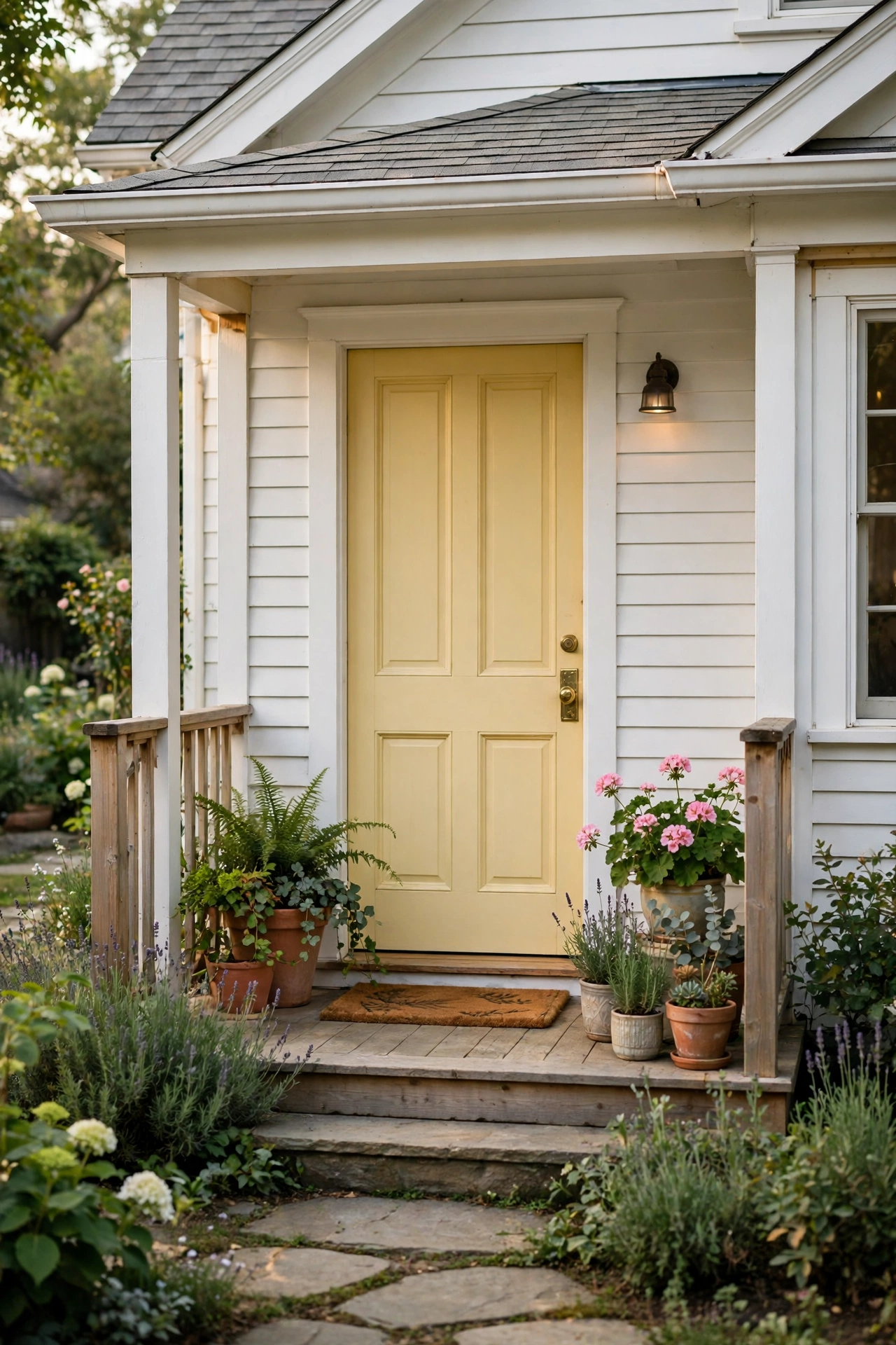 Charming house exterior with a butter yellow front door and white siding