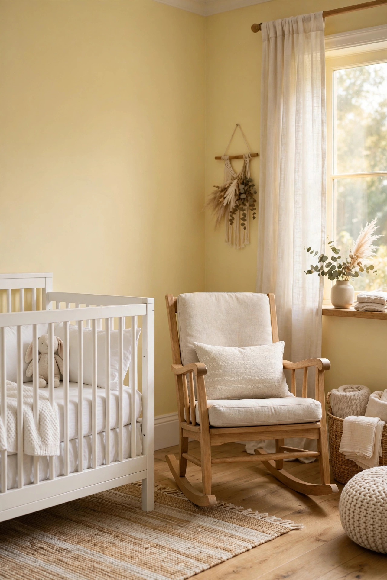 Sweet nursery with soft butter yellow walls, white crib, and natural wood accents