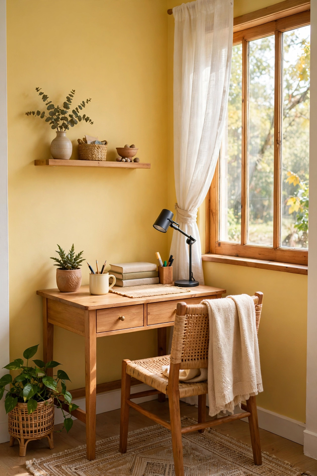 Small home office nook with butter yellow walls brightening the compact space