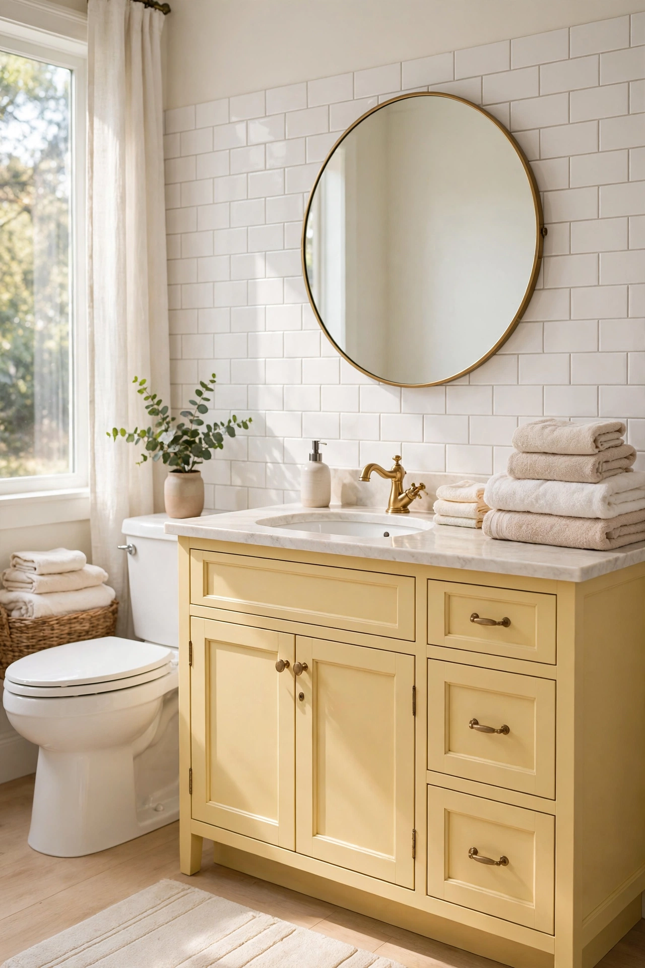 Bright bathroom with butter yellow painted vanity, white fixtures, and soft towels