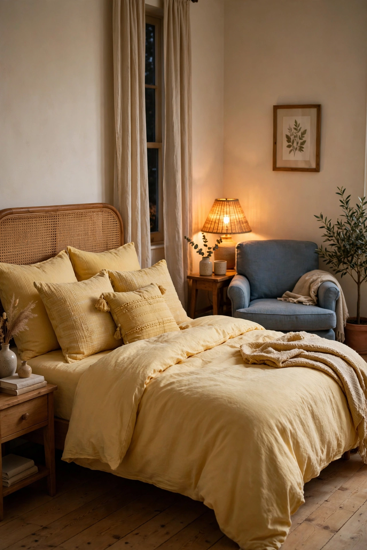 Bedroom with butter yellow bedding accents and dusty blue armchair
