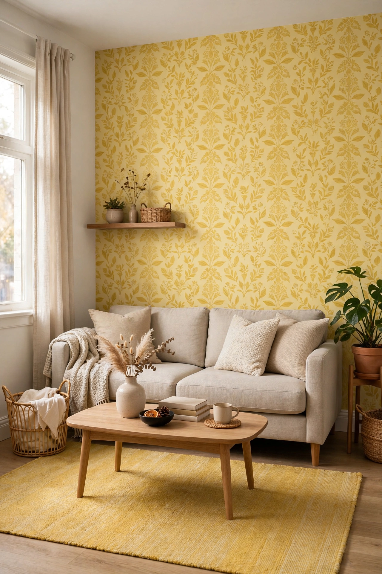Rental living room with butter yellow peel-and-stick wallpaper accent and area rug