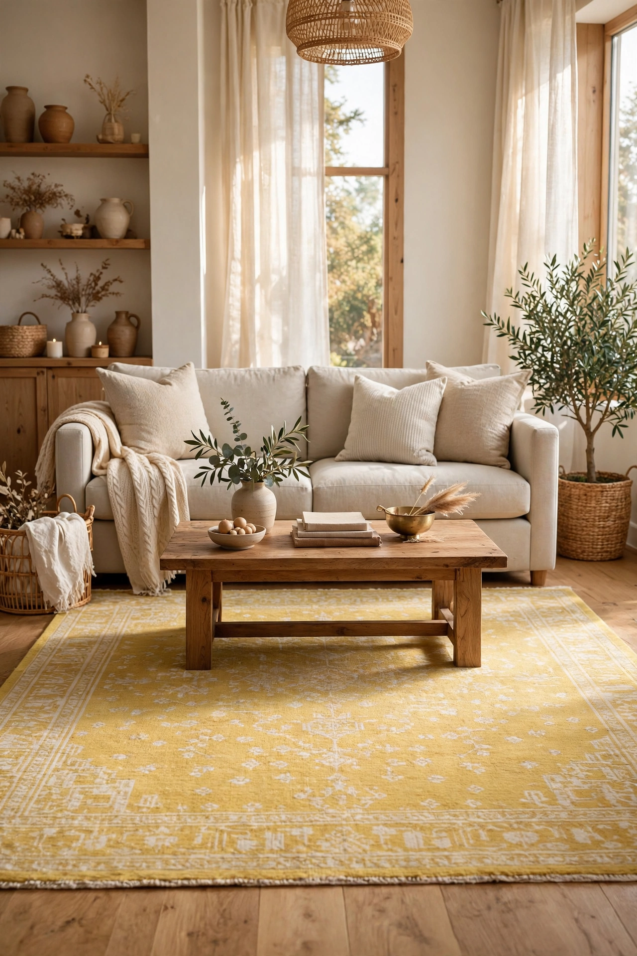 Living room anchored by a butter yellow area rug with cream pattern