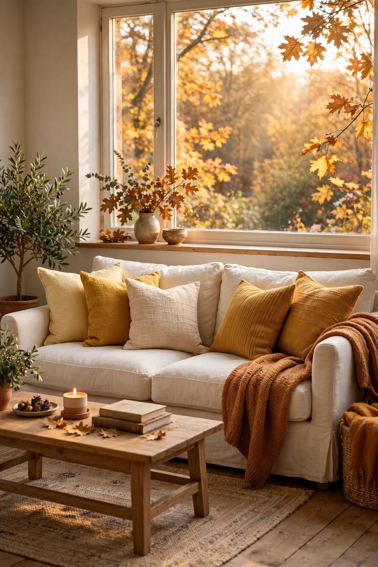 Living room with butter yellow accents styled with autumnal mustard and ochre pillows