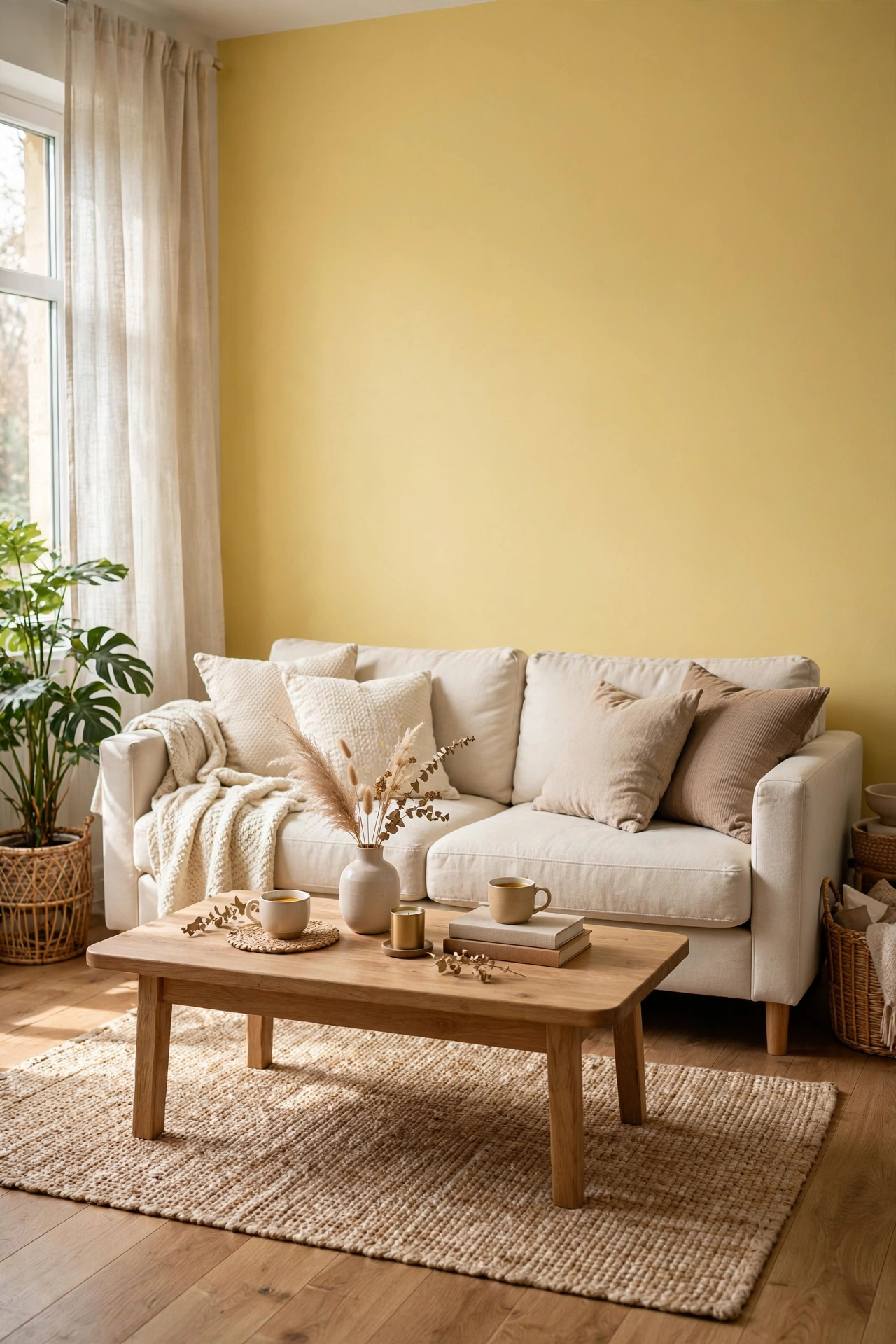 Living room with one butter yellow accent wall behind a neutral sofa