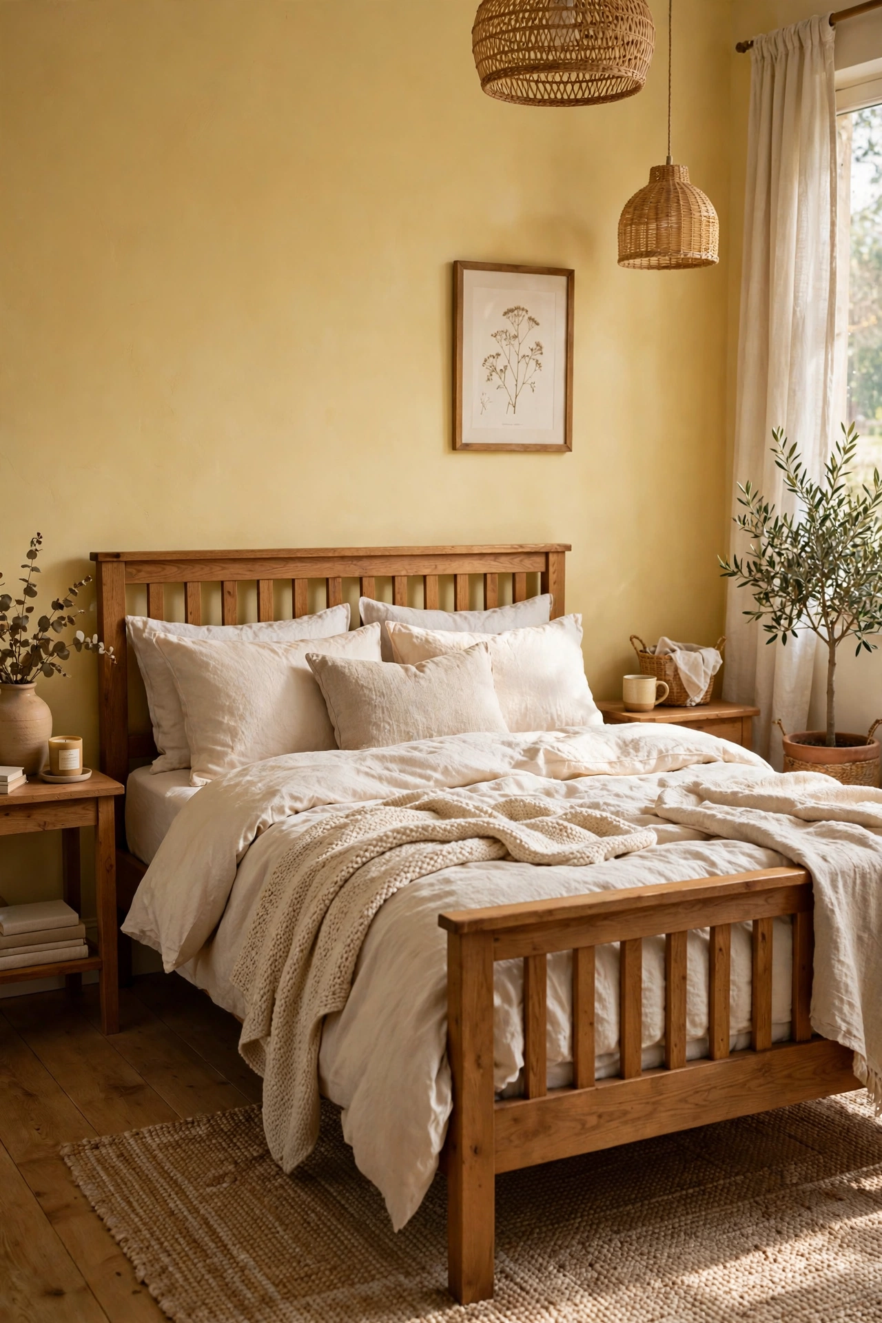 Cozy bedroom with butter yellow walls, warm white bedding, and linen textures