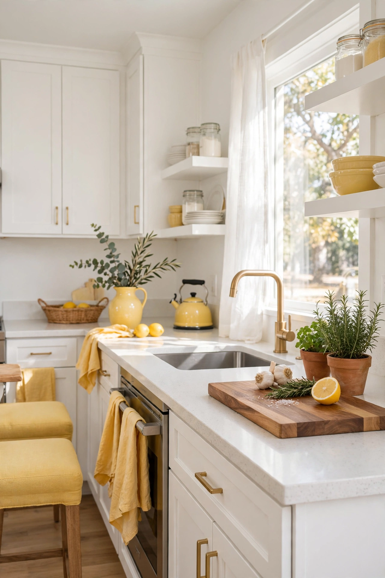 Bright kitchen with butter yellow accents paired with crisp white cabinets and walls