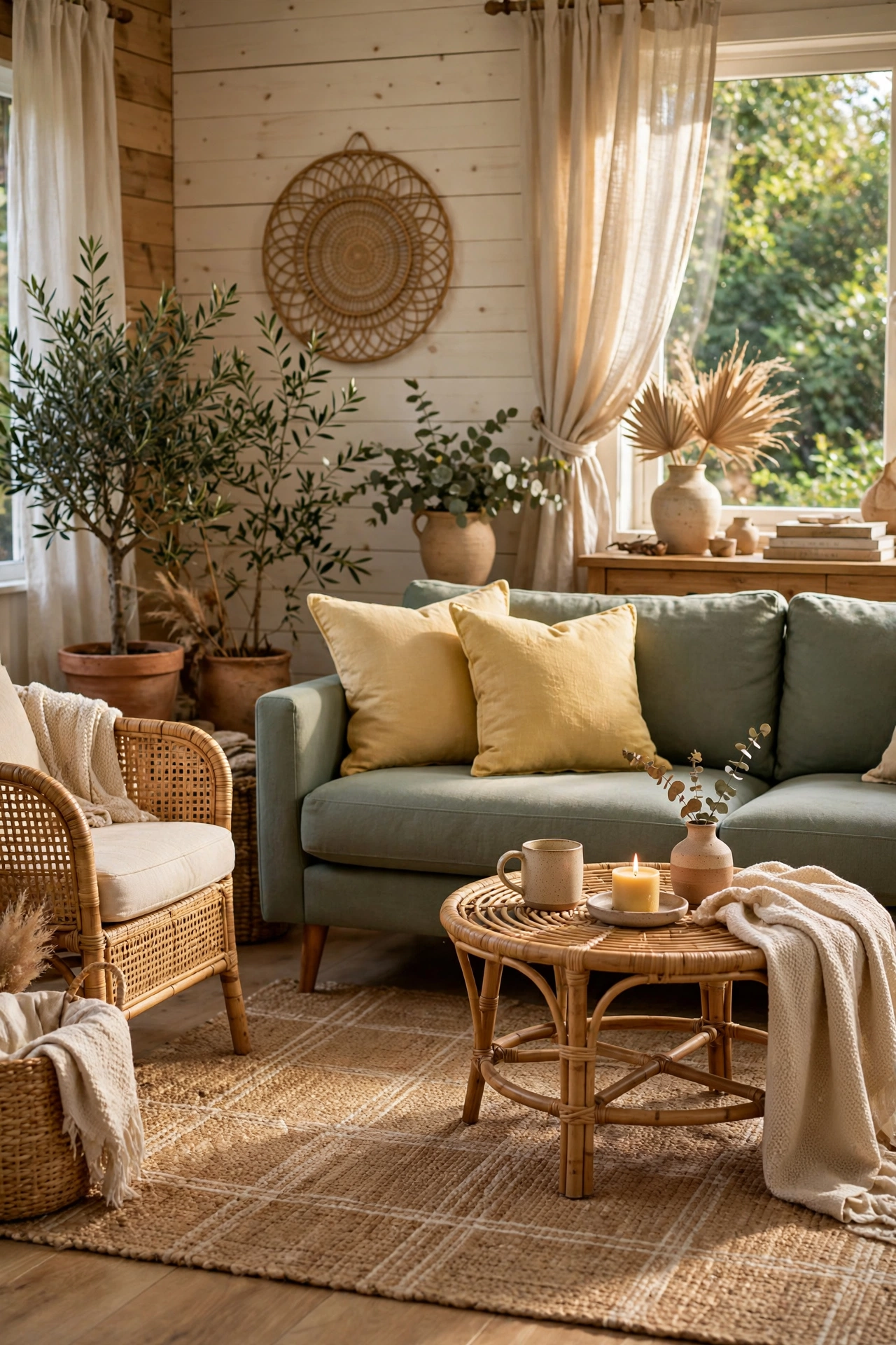 Living room with sage green sofa, butter yellow throw pillows, and natural textures