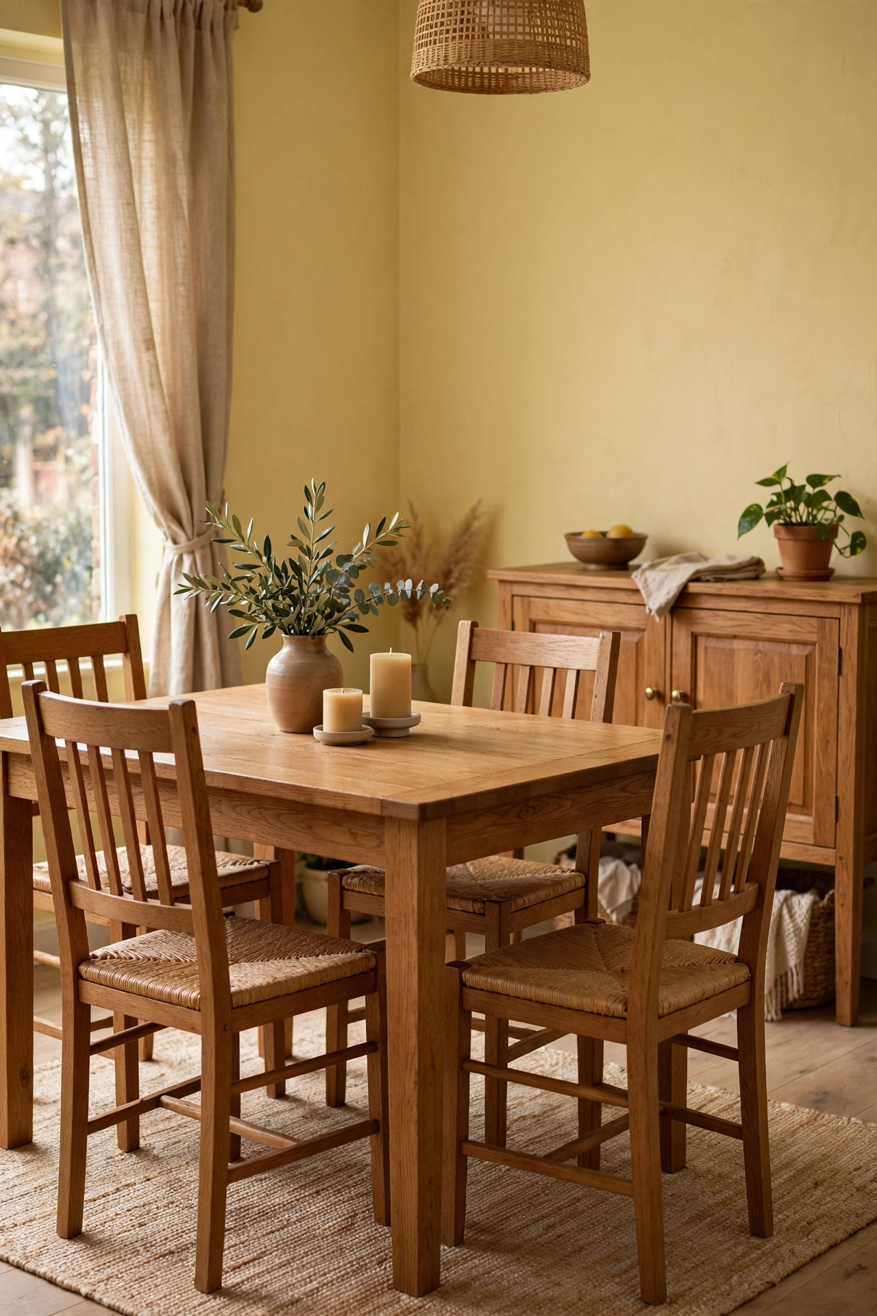 Dining room with butter yellow walls and warm oak wood furniture