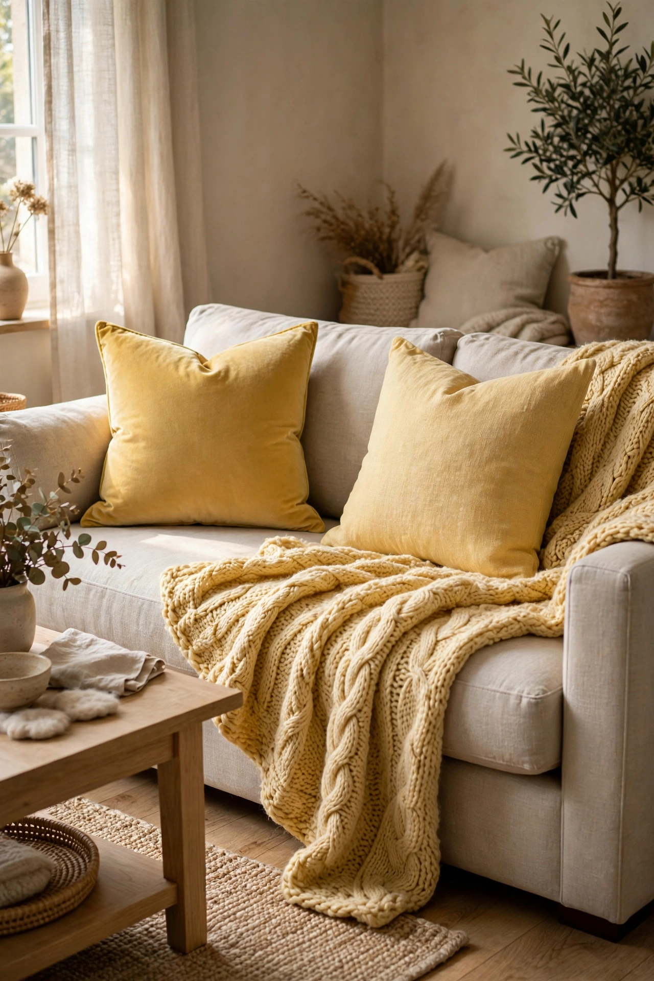 Neutral sofa styled with butter yellow throw pillows and a knit throw blanket