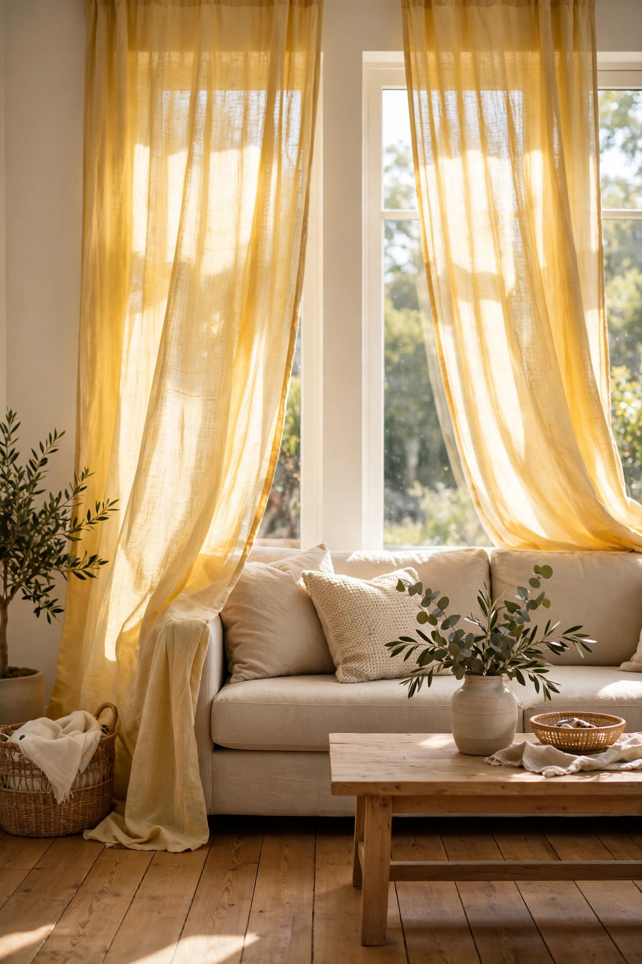 Sunlit living room with butter yellow linen curtains glowing in daylight