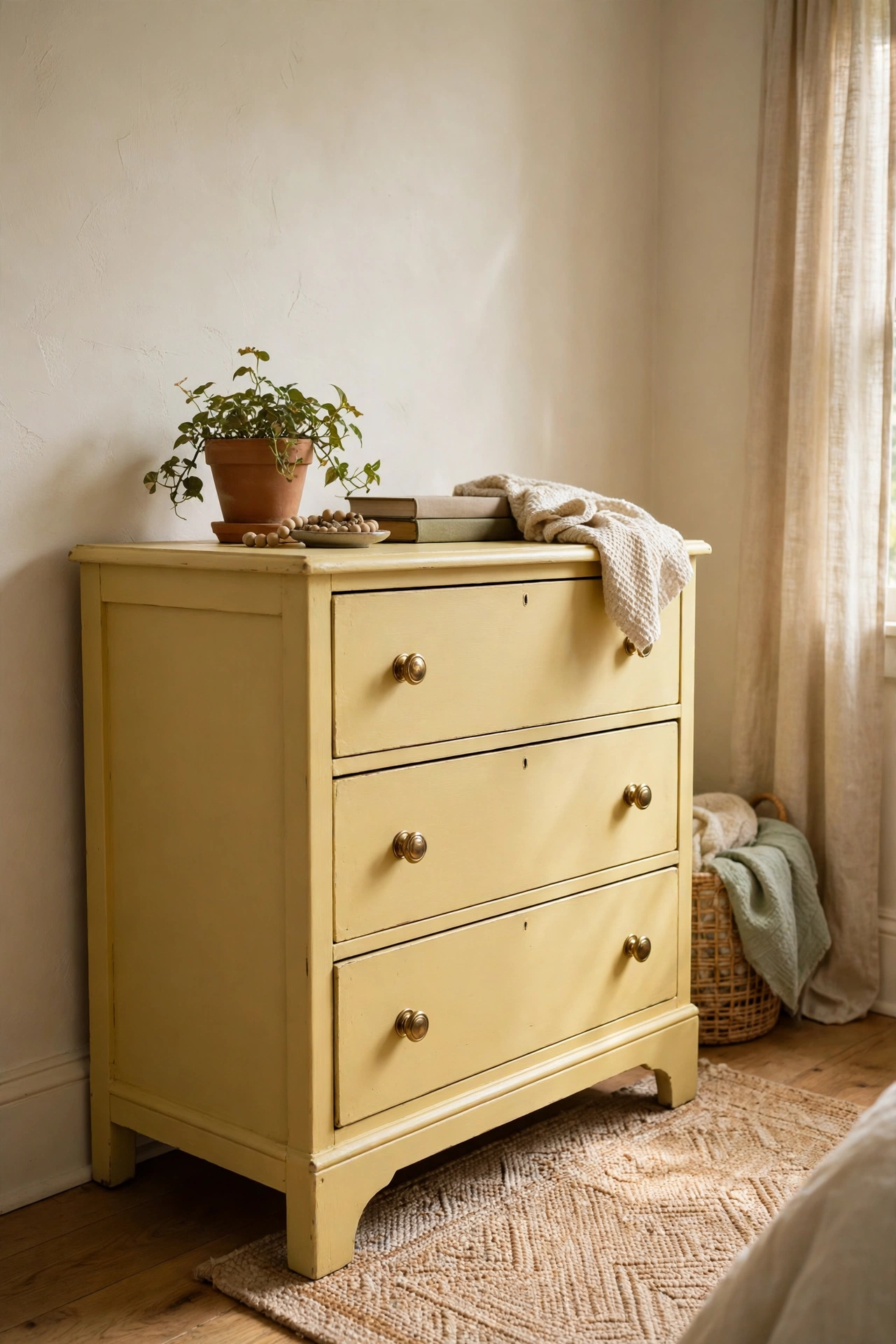 Thrifted wooden dresser painted butter yellow in a styled bedroom corner