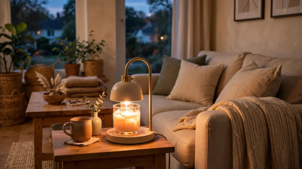 Cozy living room with a glowing candle warmer lamp on a side table beside a sofa