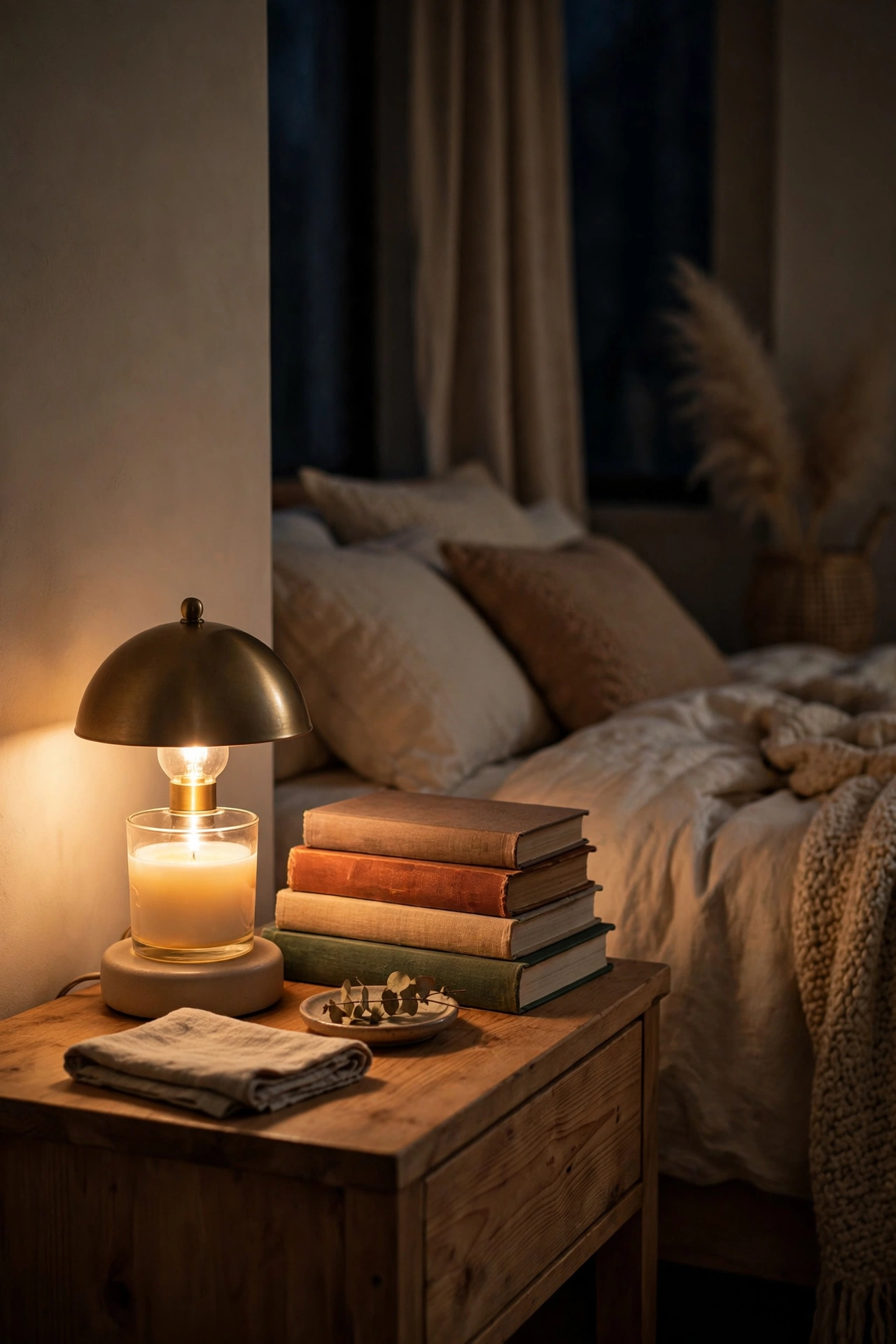 Candle warmer lamp glowing on a bedroom nightstand beside a stack of books