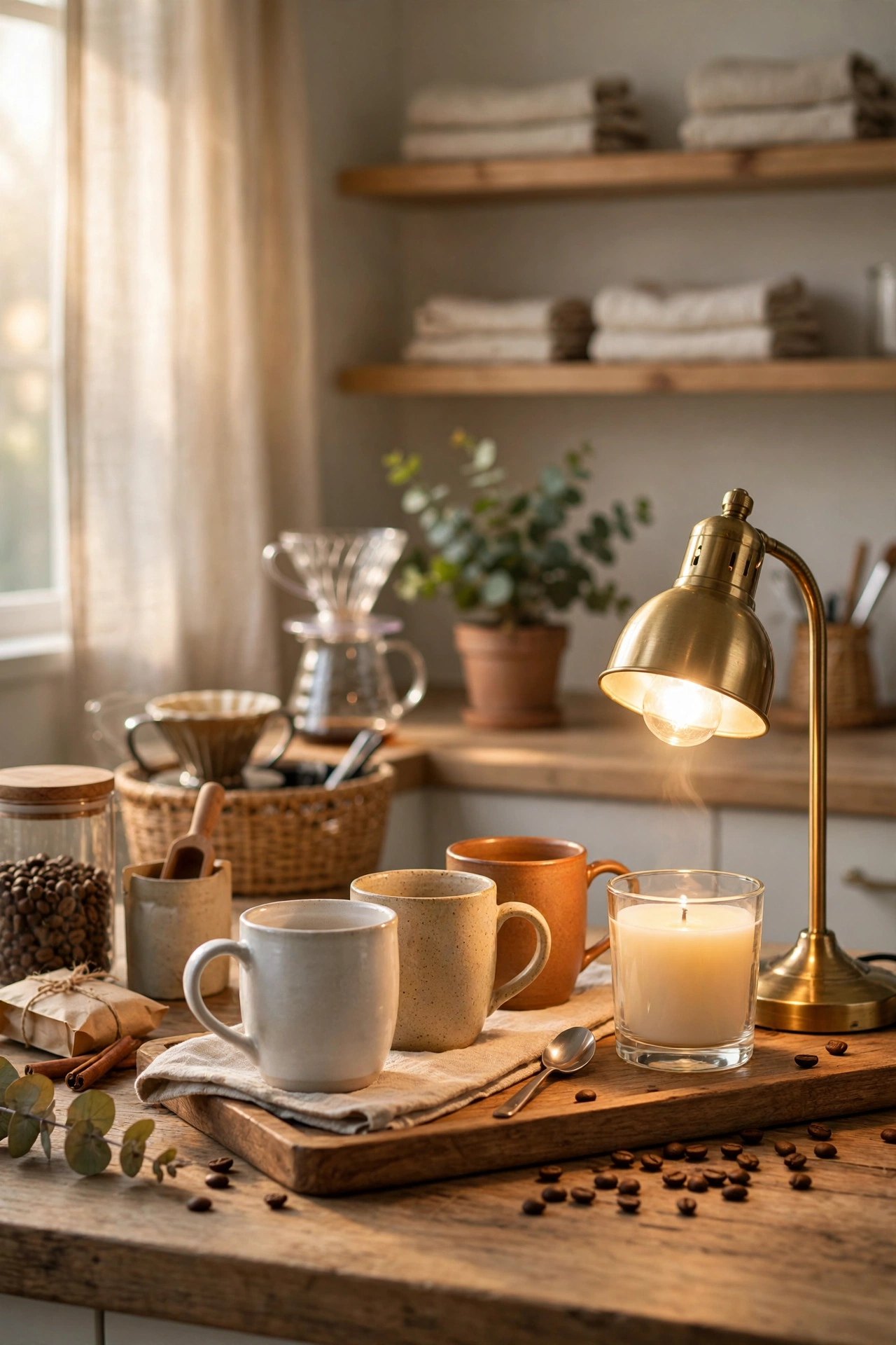 Coffee bar station with a candle warmer lamp glowing beside mugs and a tray