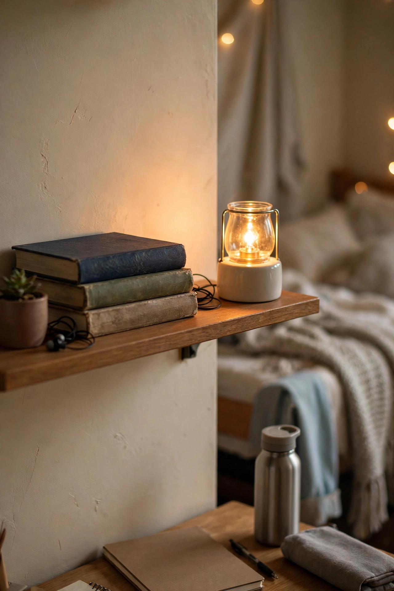 Small dorm room desk shelf with a mini candle warmer lamp glowing warmly