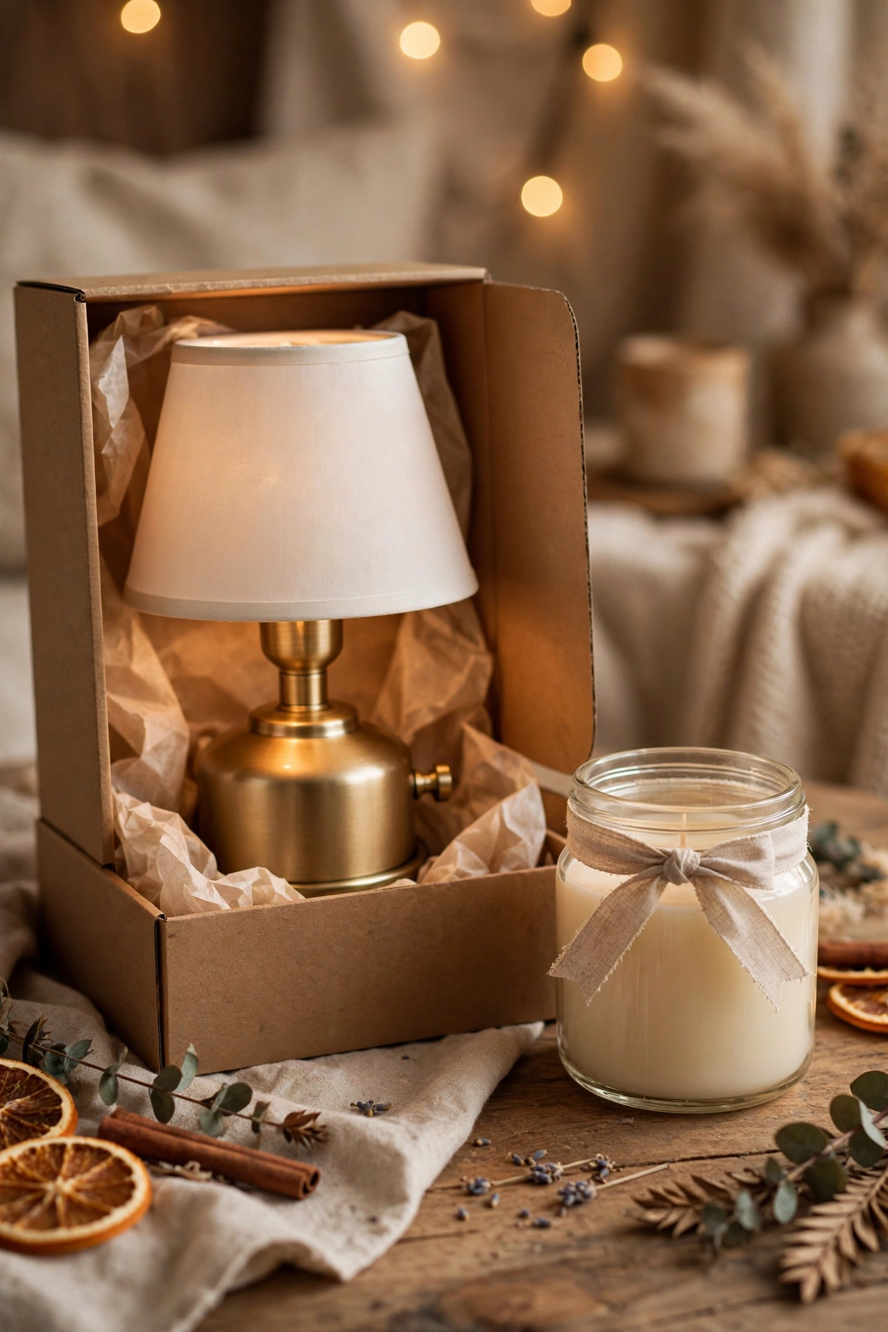 Candle warmer lamp gift set with a jar candle and ribbon, ready to give