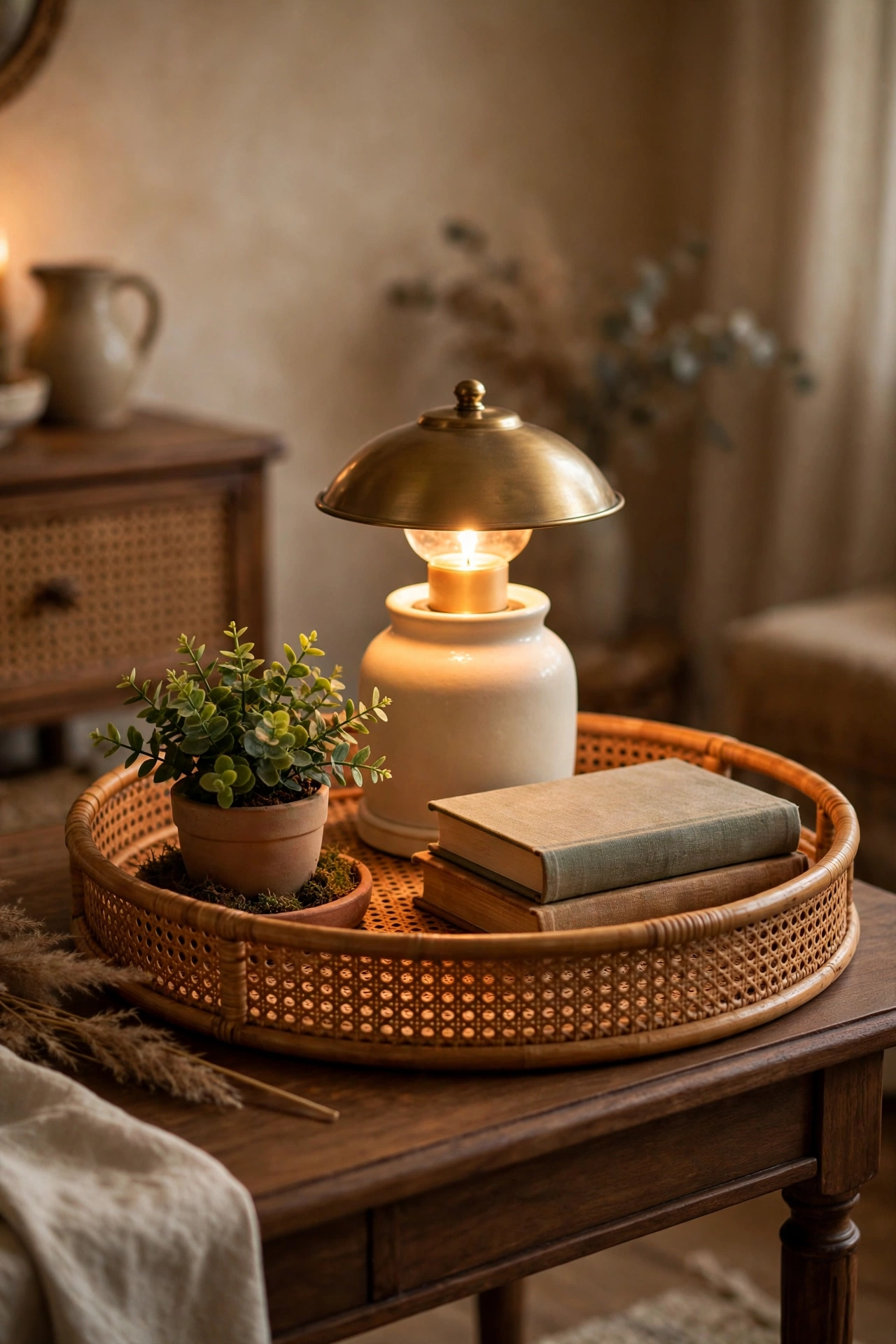 Styled tray vignette with a candle warmer lamp, small plant, and stacked books