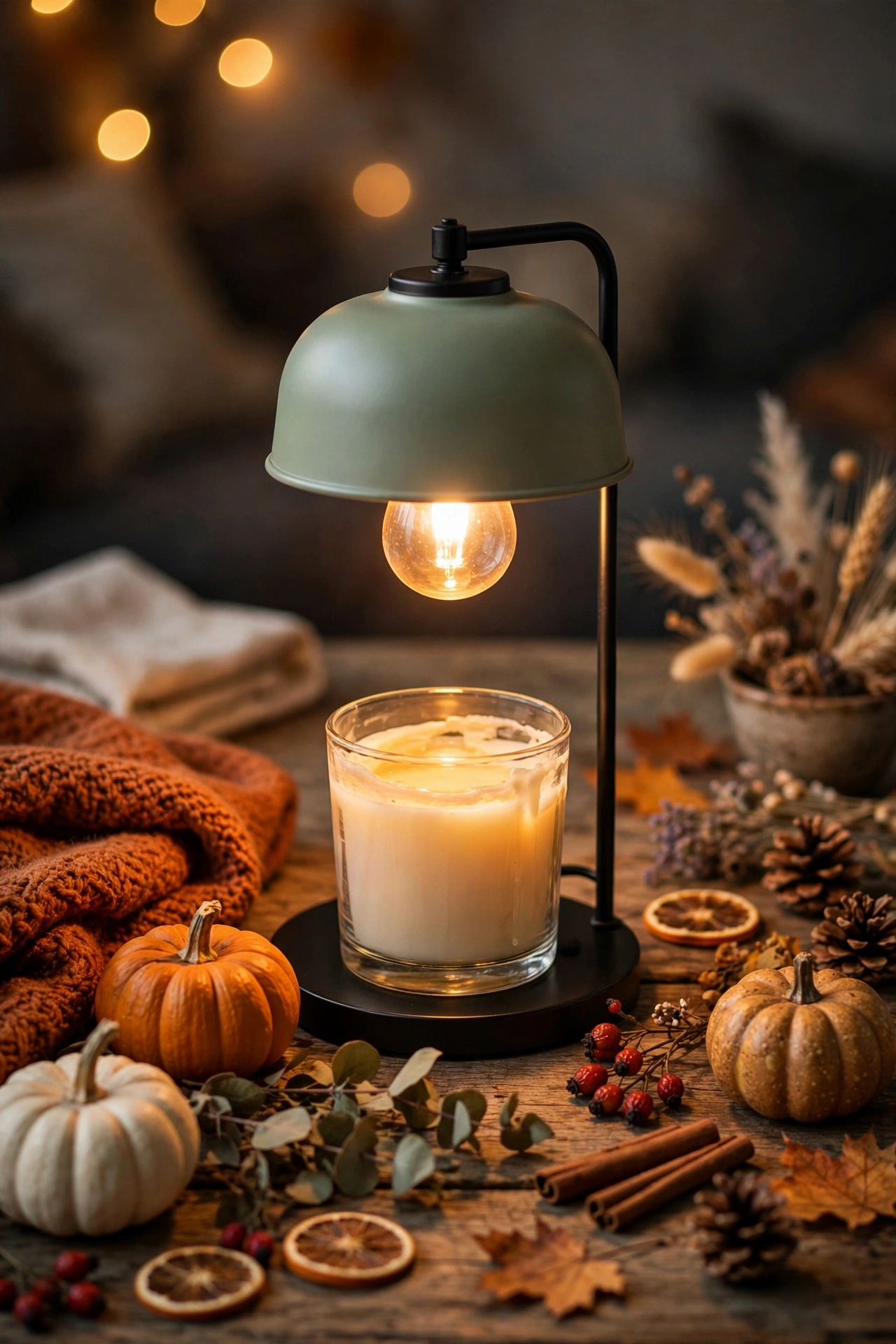 Candle warmer lamp with fall candles and small pumpkins arranged around it