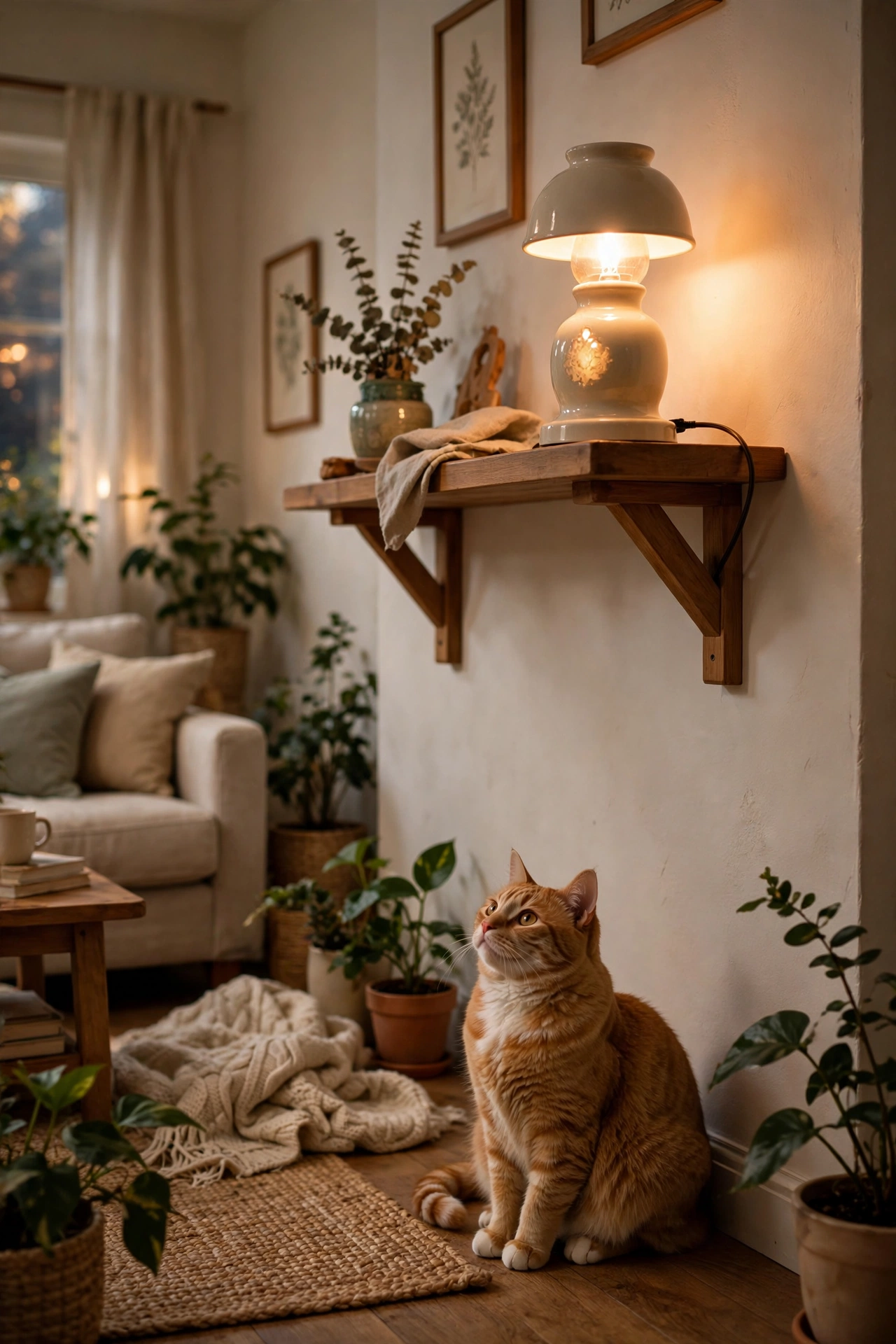 Candle warmer lamp on a high stable shelf in a living room with a cat nearby