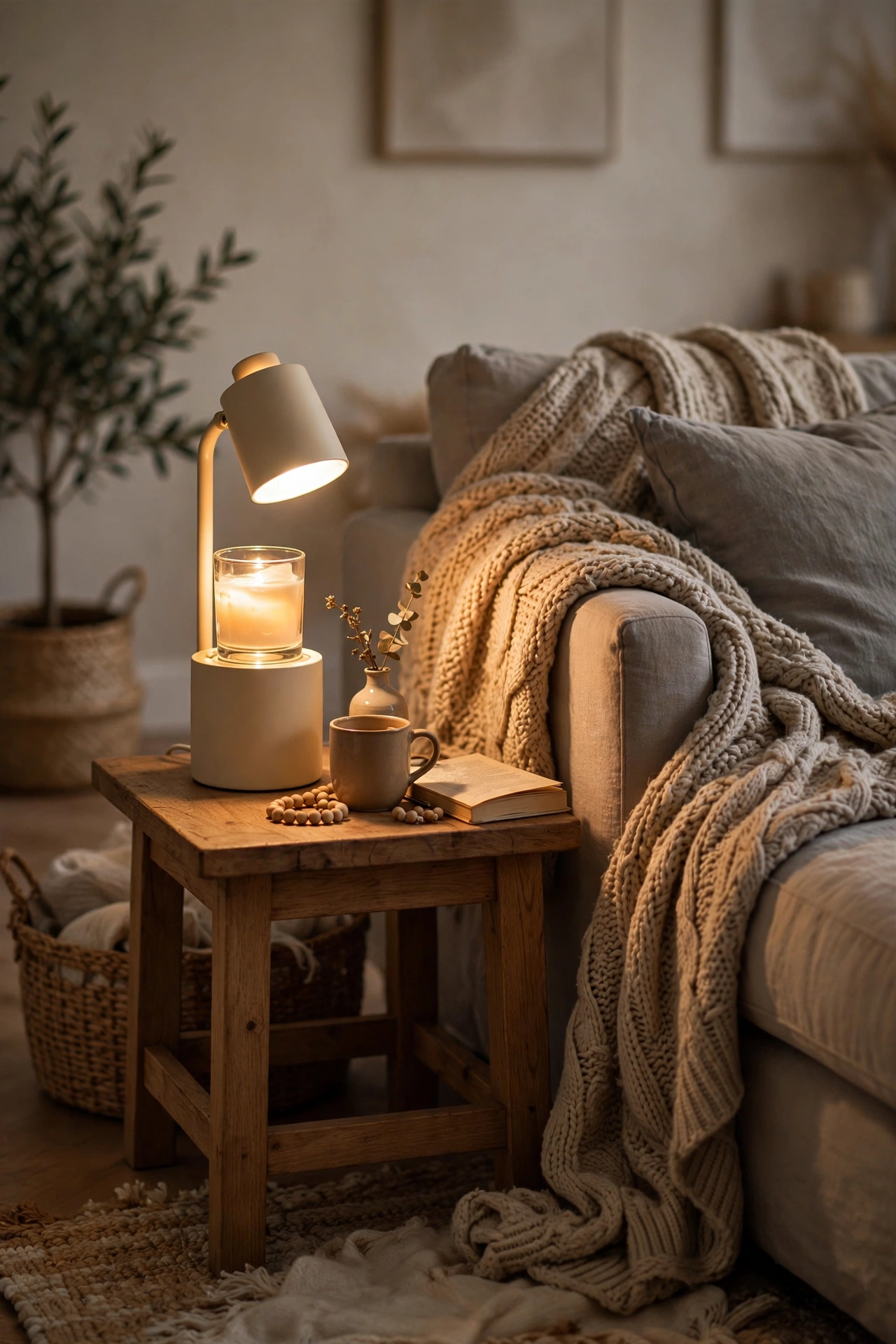 Candle warmer lamp on a living room side table next to a sofa with a throw blanket