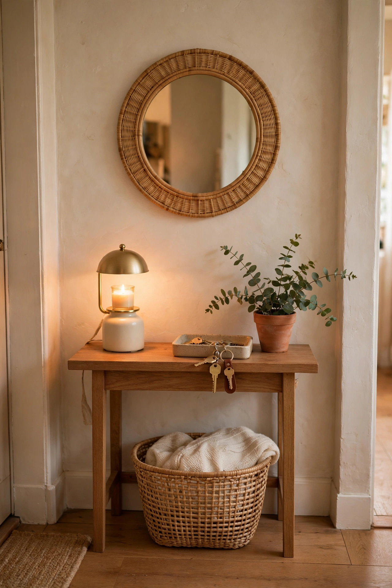 Entryway console table with a glowing candle warmer lamp, key tray, and mirror