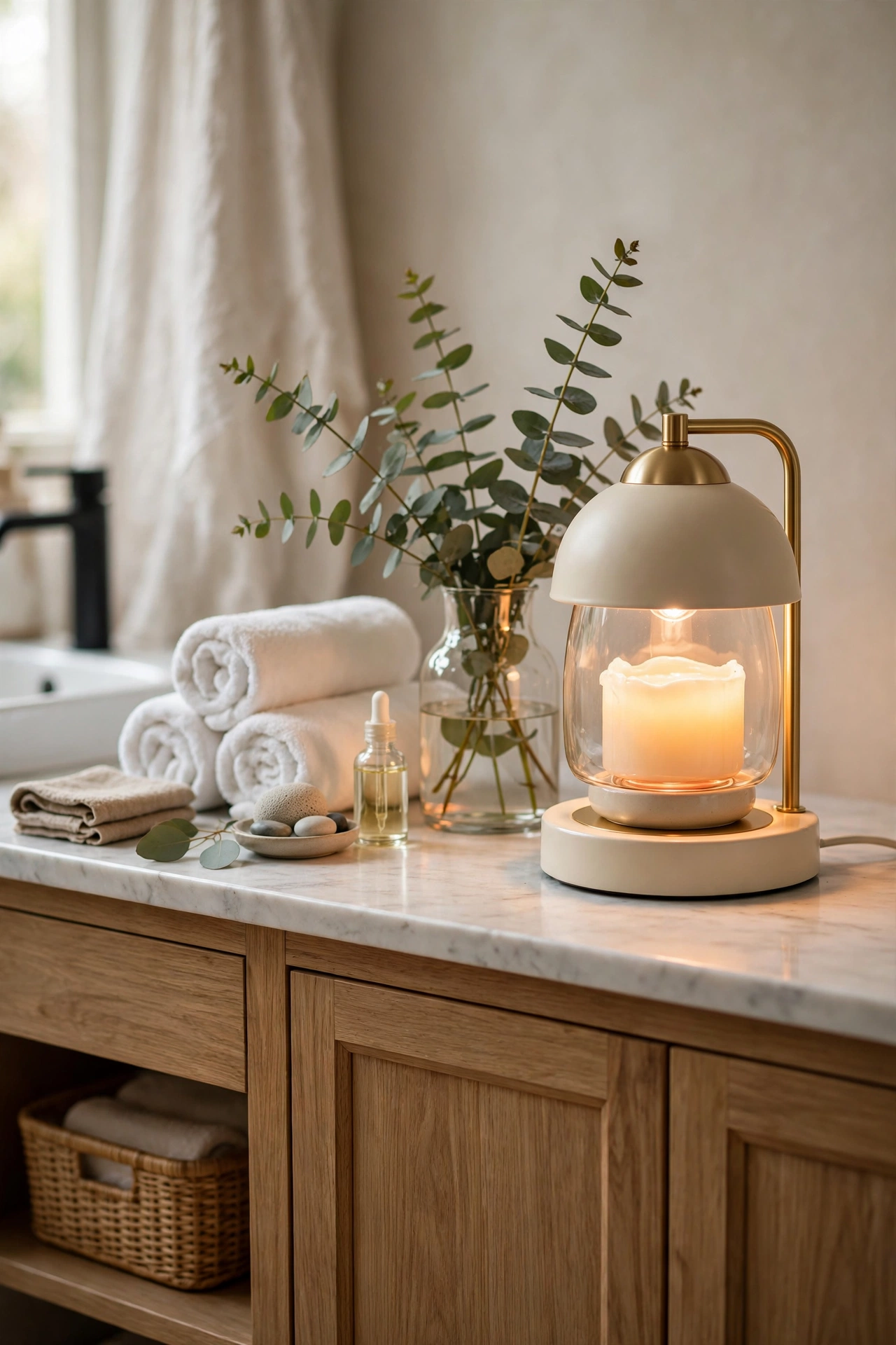 Bathroom vanity styled like a spa with a candle warmer lamp, eucalyptus, and rolled towels