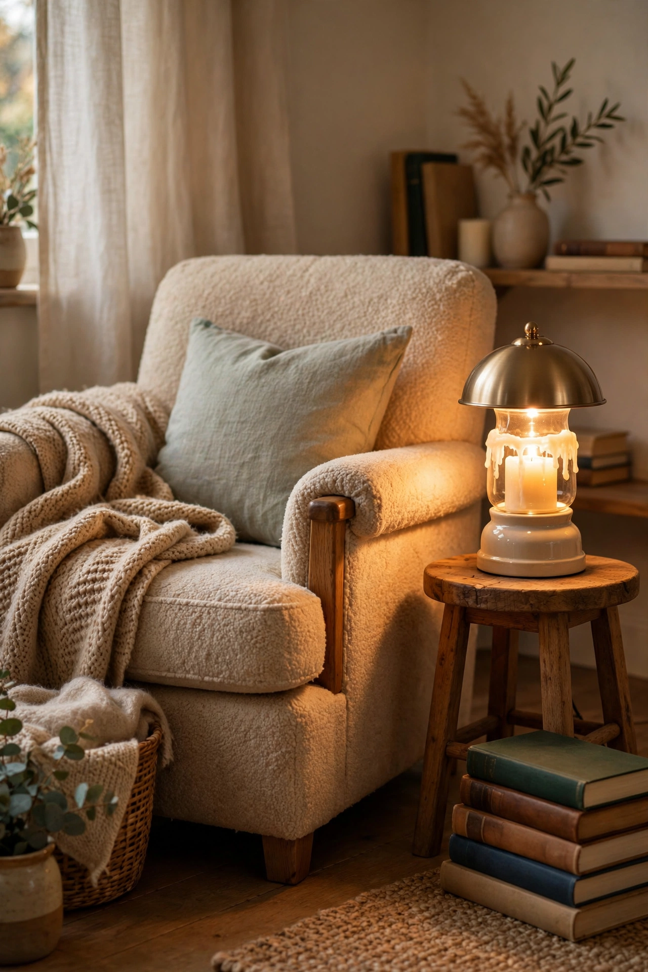 Cozy reading nook with armchair, candle warmer lamp glowing, and a stack of books