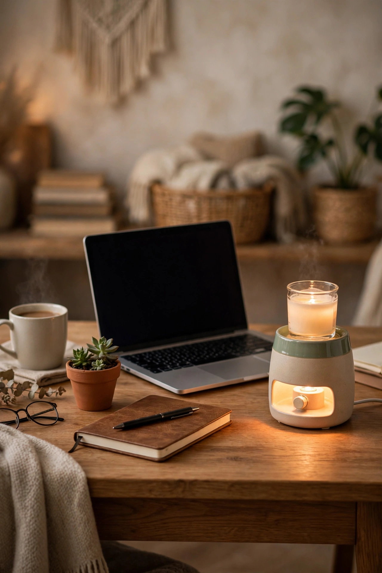 Home office desk with a small candle warmer lamp beside a laptop and notebook