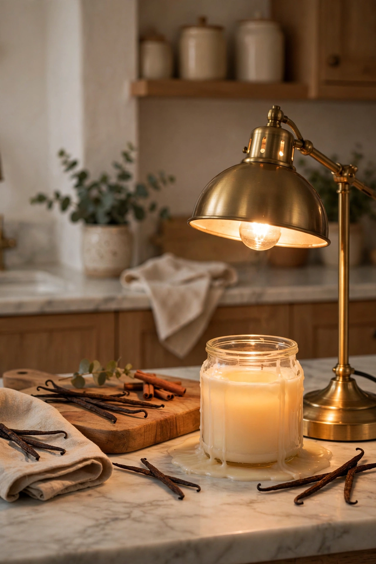 Kitchen counter with a candle warmer lamp, vanilla candle, and wooden cutting board