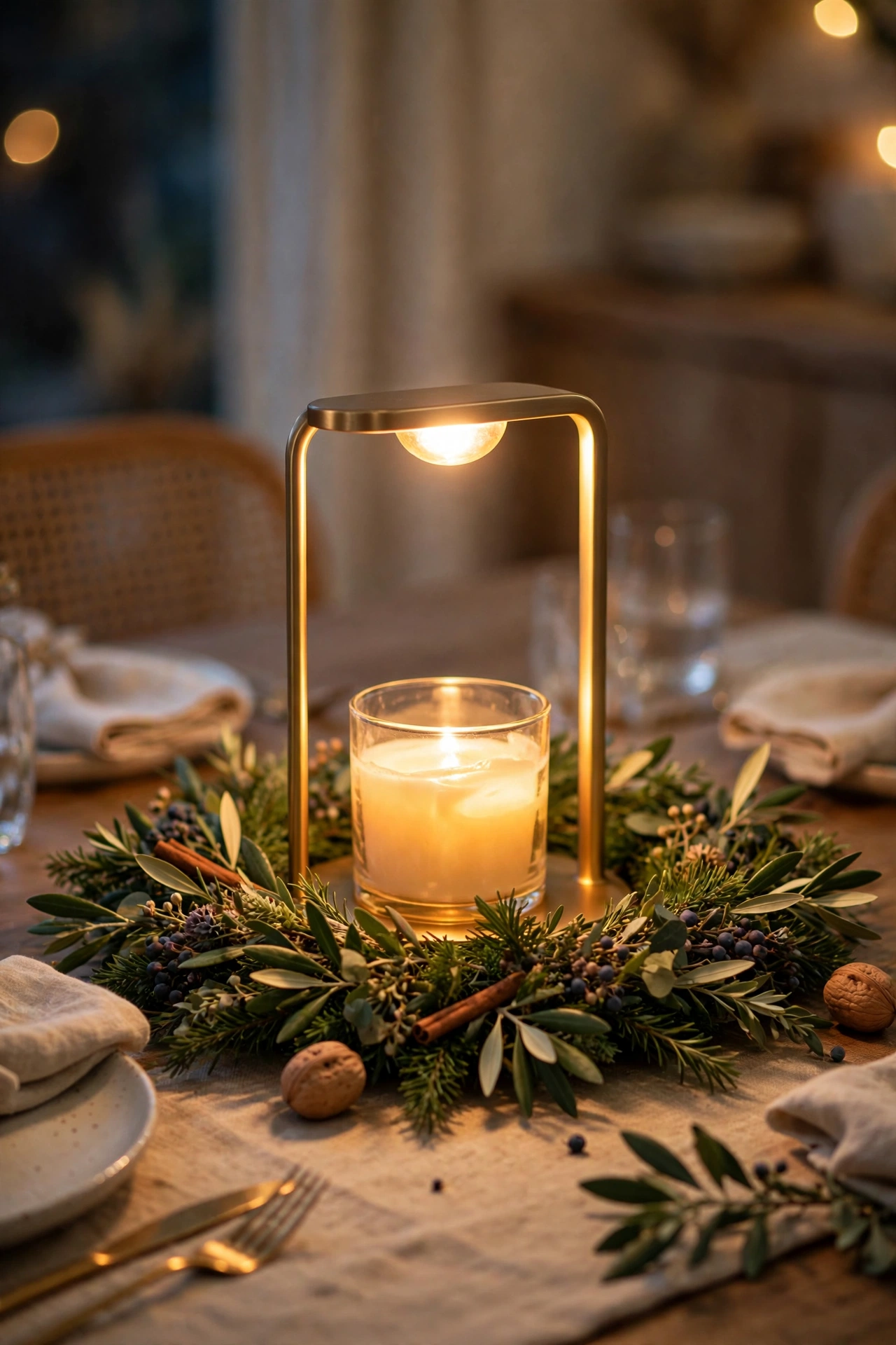 Dining table centerpiece with a candle warmer lamp surrounded by greenery