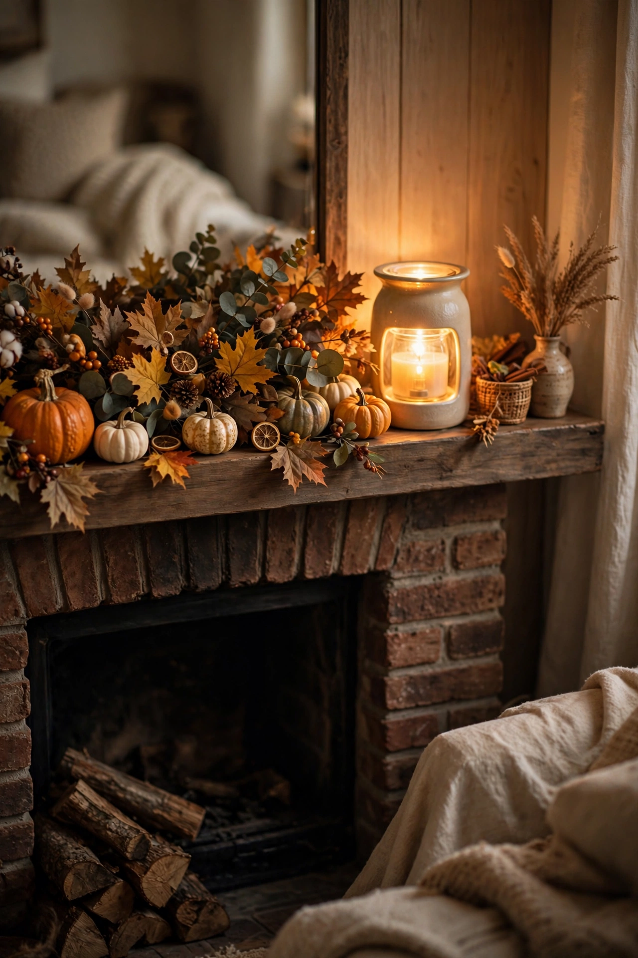 Fireplace mantel styled with a glowing candle warmer lamp and fall garland