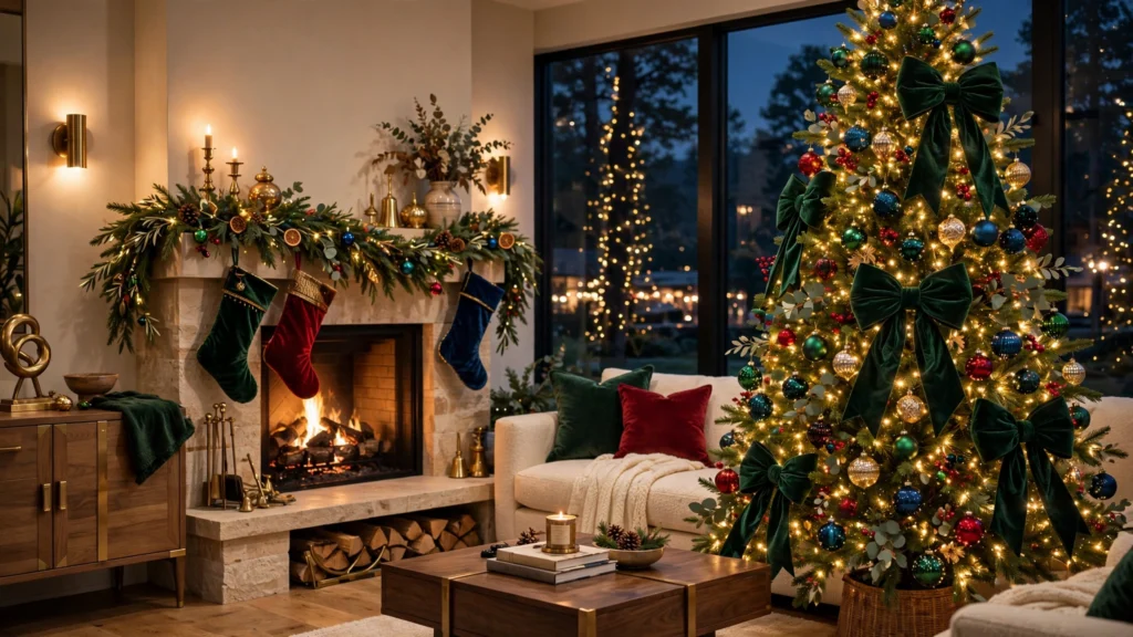Stunning Christmas living room 2026 style with jewel-tone tree, velvet bows, and warm golden light