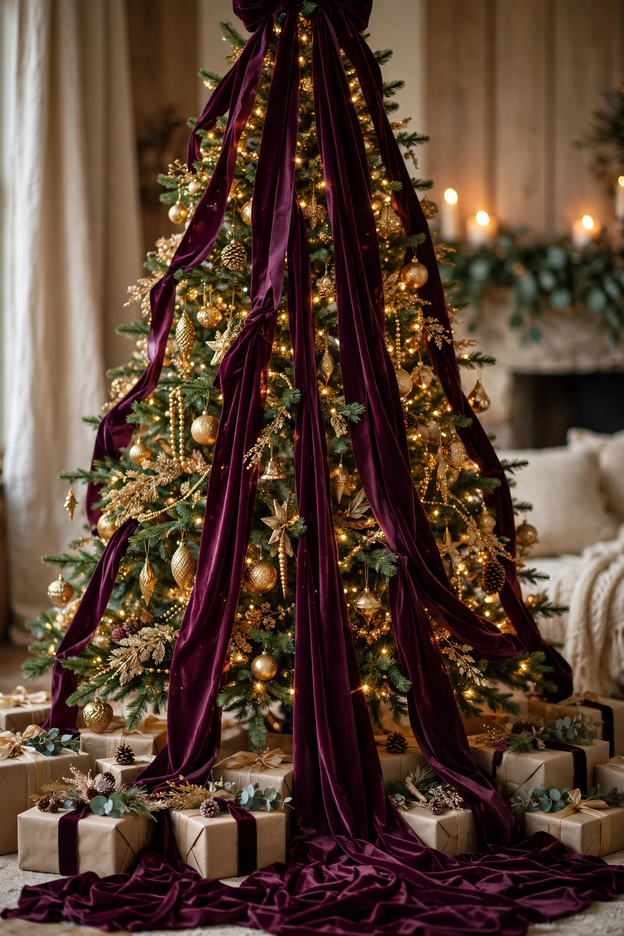 Christmas tree with cascading deep plum velvet ribbon waterfalls from top to floor