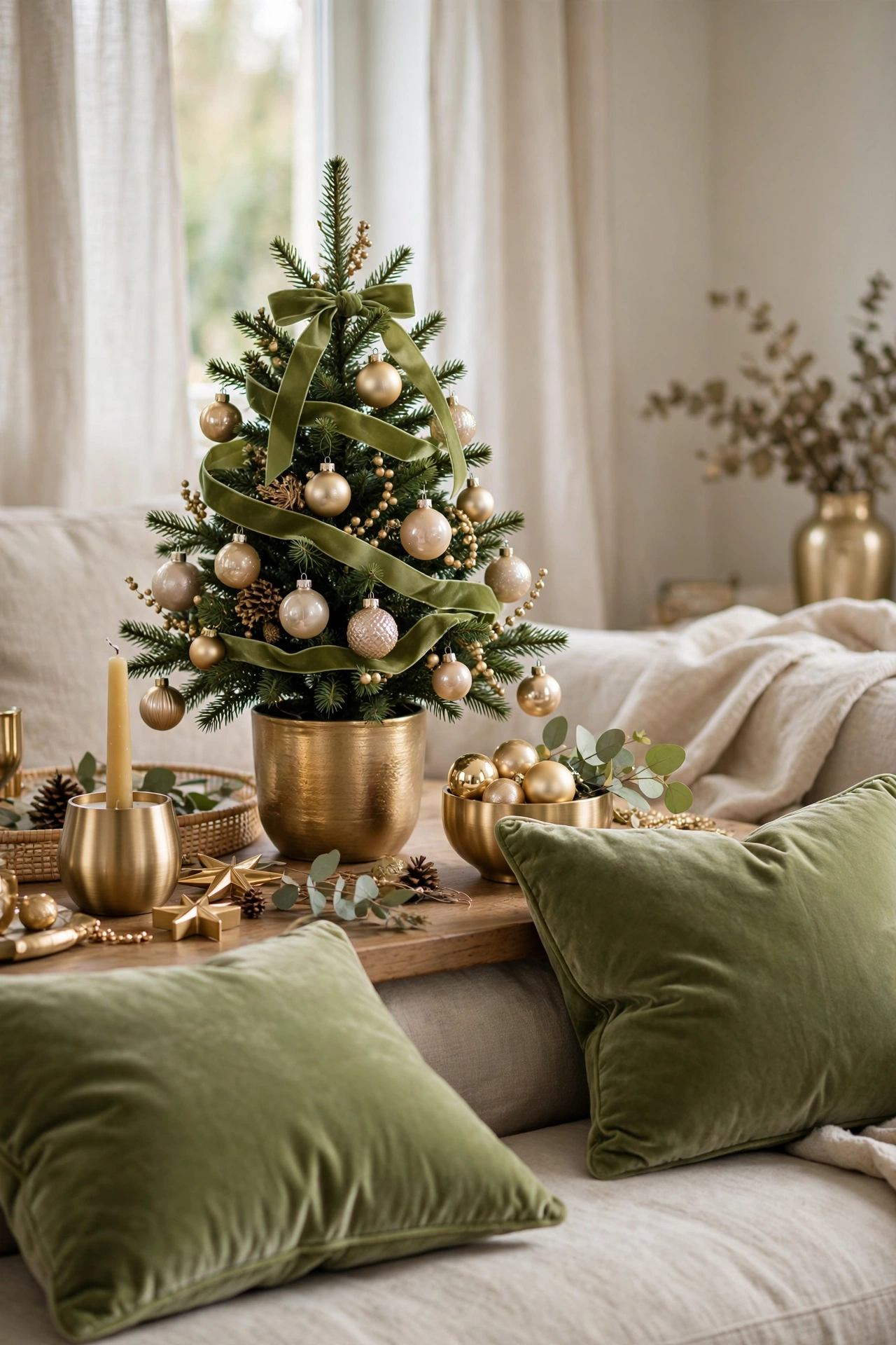 Elegant Christmas decor in pistachio green and gold with velvet cushions and champagne ornaments