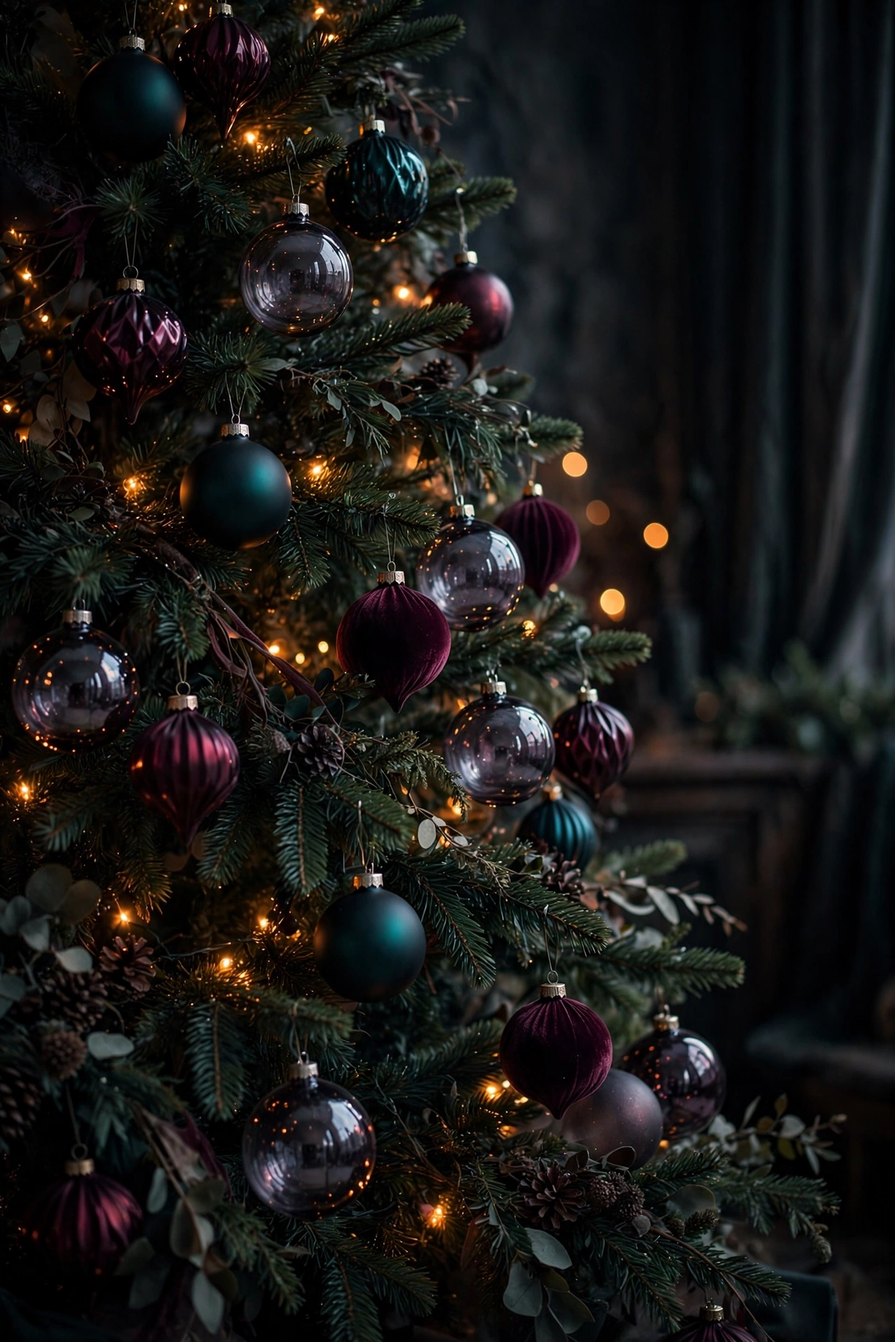 Moody Christmas tree in deep teal, plum, and burgundy with smoked glass ornaments and amber lights