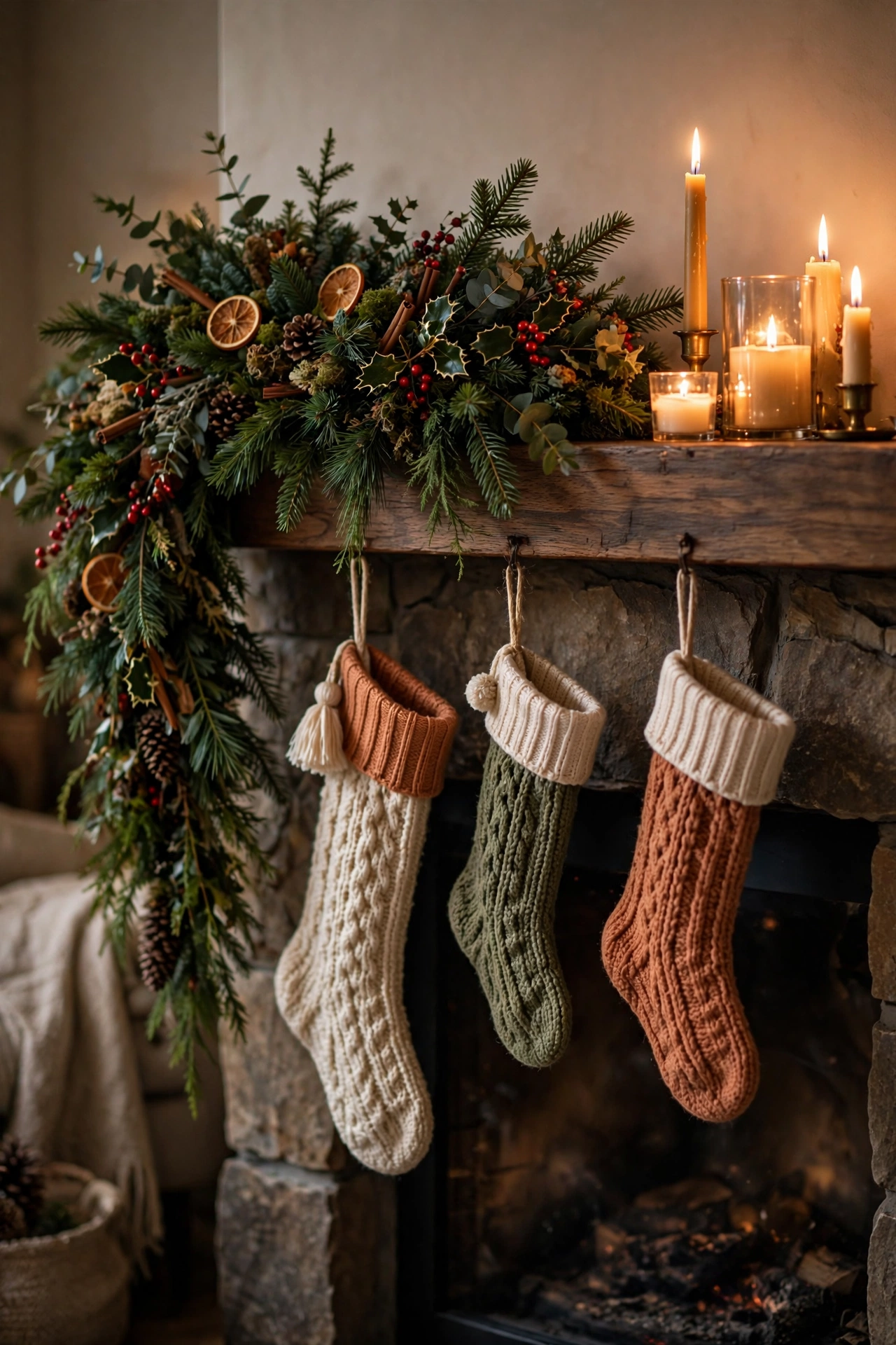 Asymmetrical Christmas mantel with sweeping garland, clustered candles, and hanging stockings