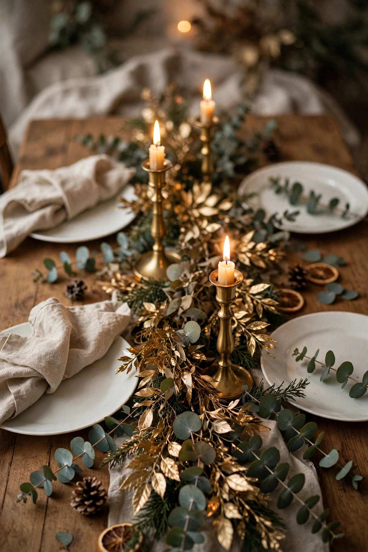 Christmas dining tablescape with gold foliage runner, brass candlesticks, and glowing candles
