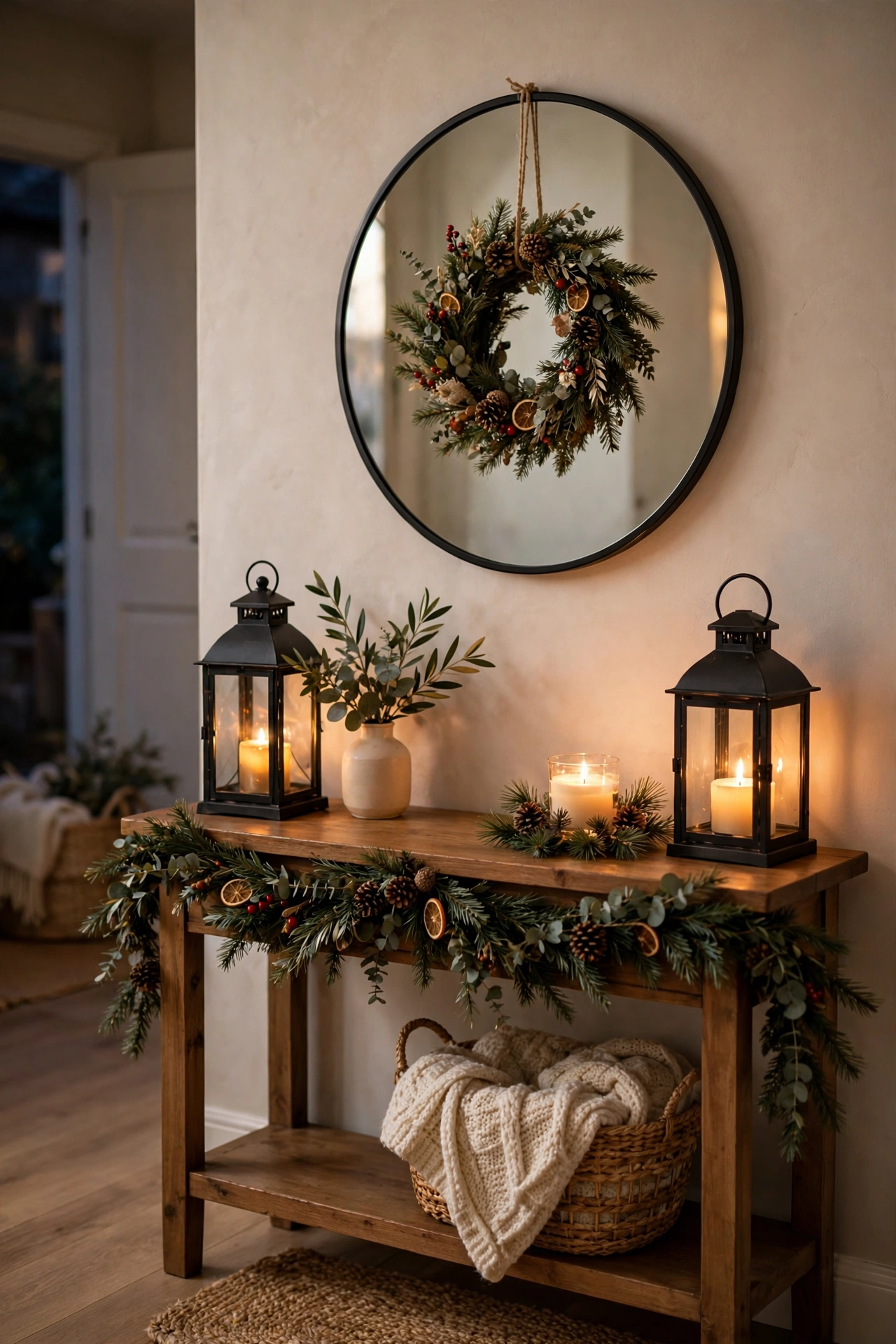 Christmas entryway with console table, wreath on mirror, garland, and glowing lanterns