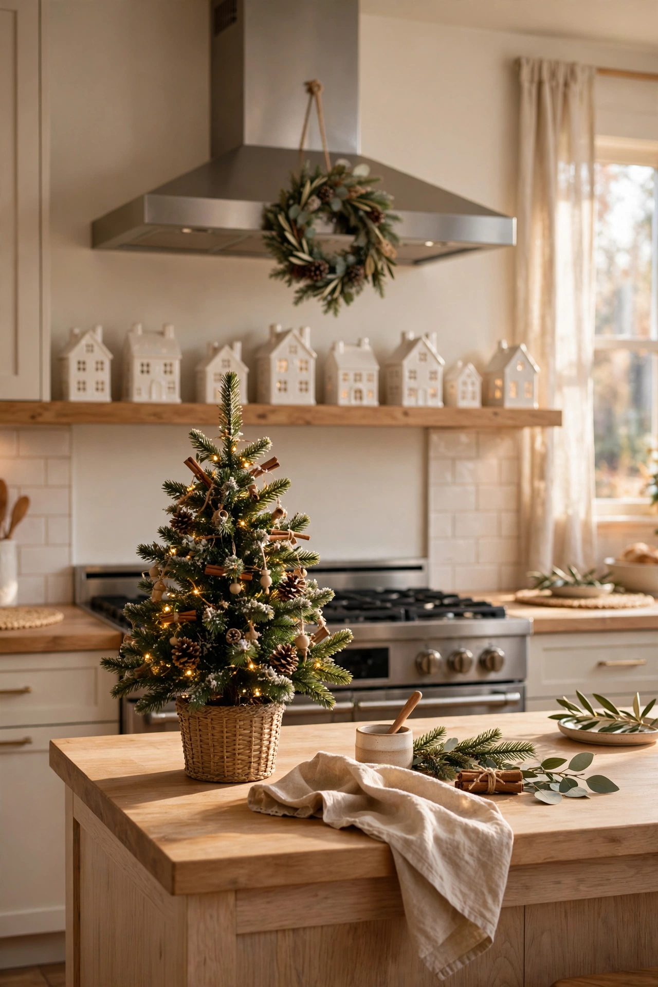 Christmas kitchen with mini tree on island, ceramic houses on shelf, and wreath on range hood