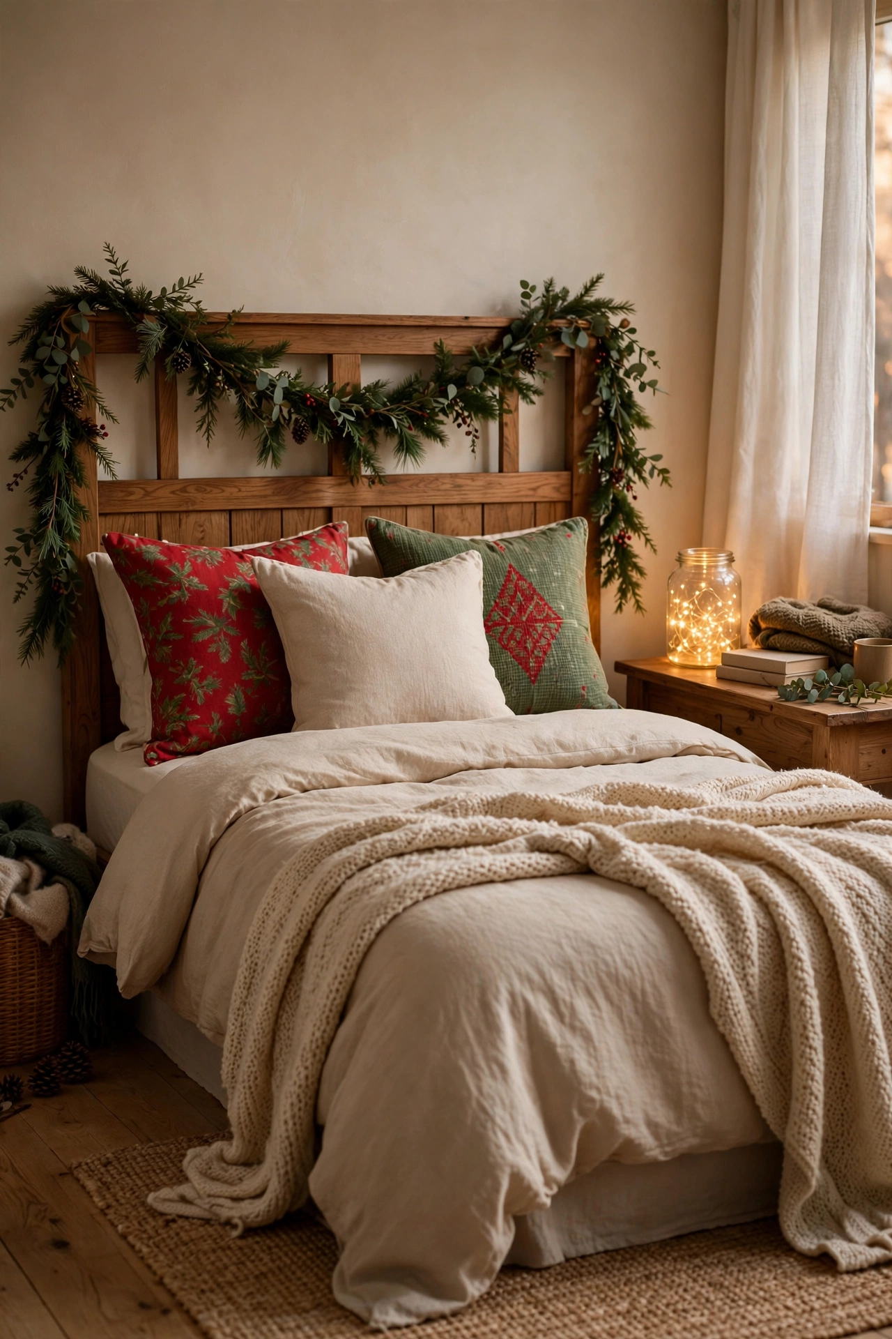 Cozy bedroom with Christmas garland on headboard, festive pillows, and fairy lights in a jar