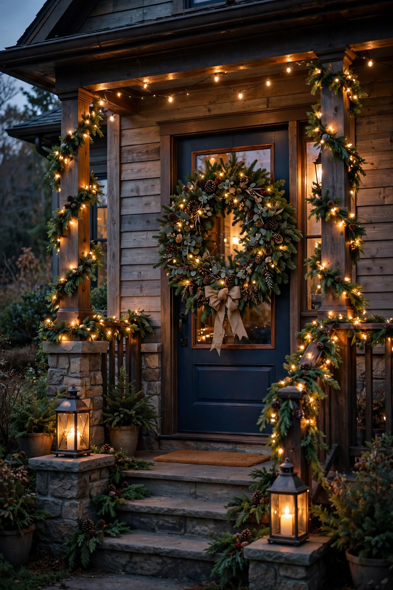 Festive front porch with oversized wreath, lit garlands on railings, and glowing lanterns