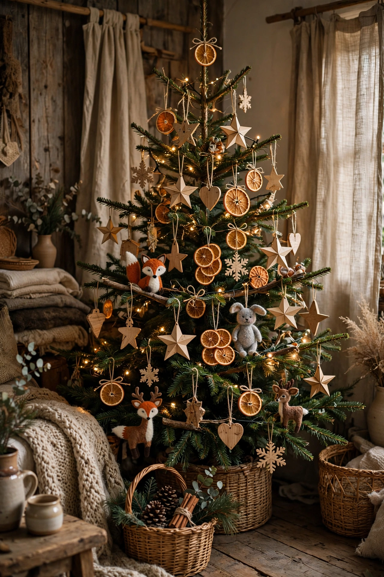 Christmas tree decorated entirely with handmade wooden, paper, and felt ornaments