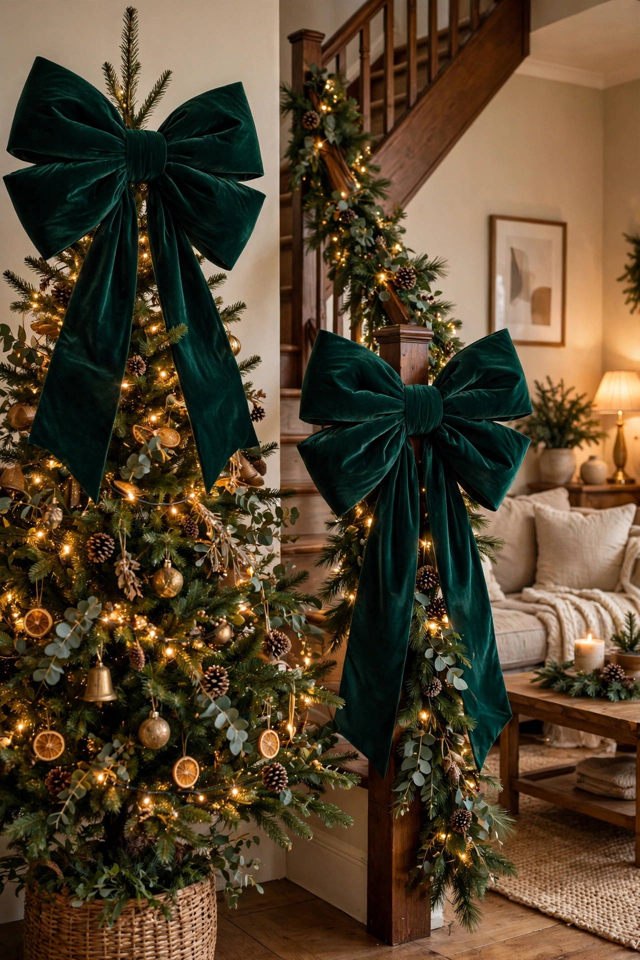 Large oversized velvet bows in deep emerald on a Christmas tree and staircase garland