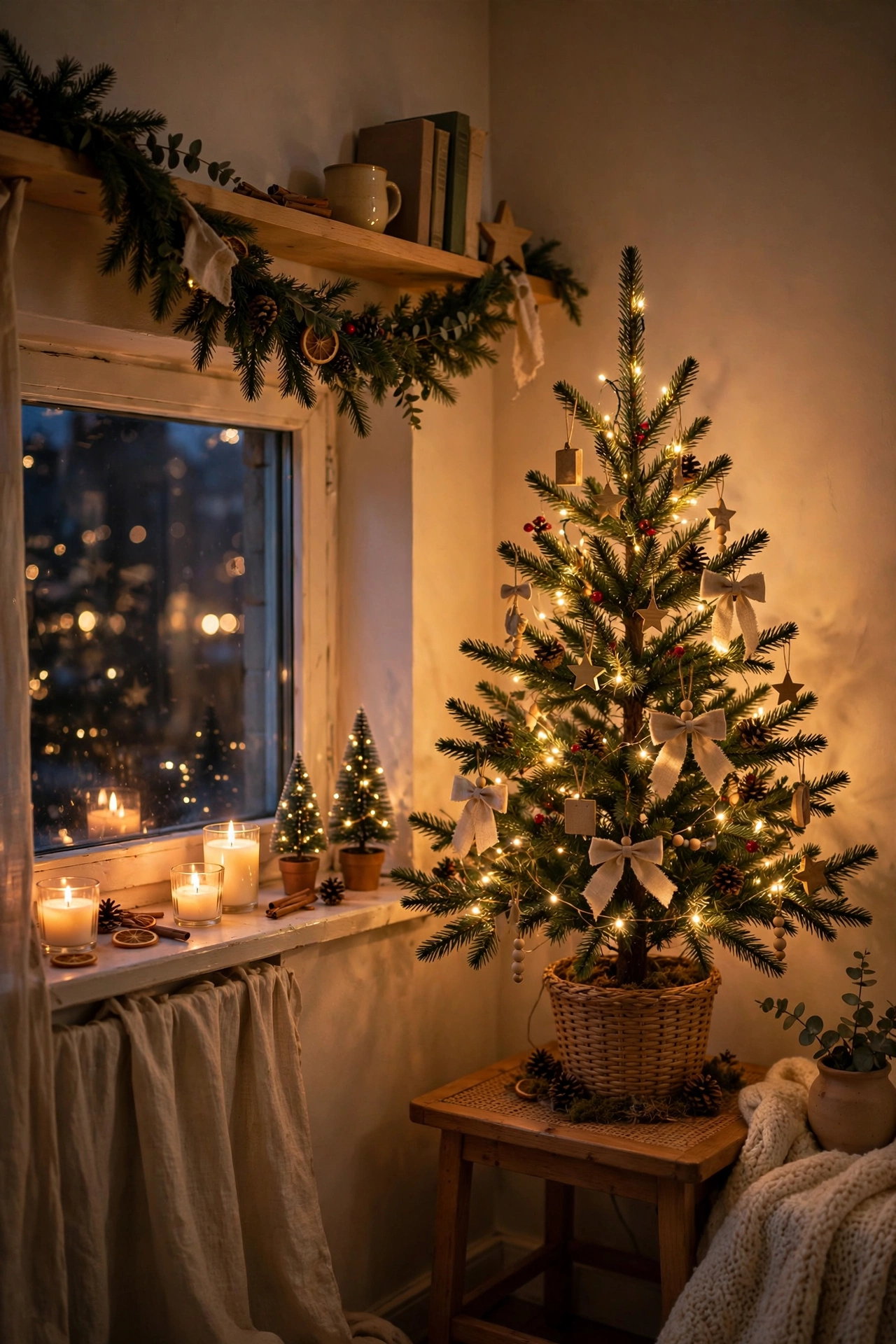 Small apartment Christmas corner with 3-foot tree on table, garland, and windowsill candles